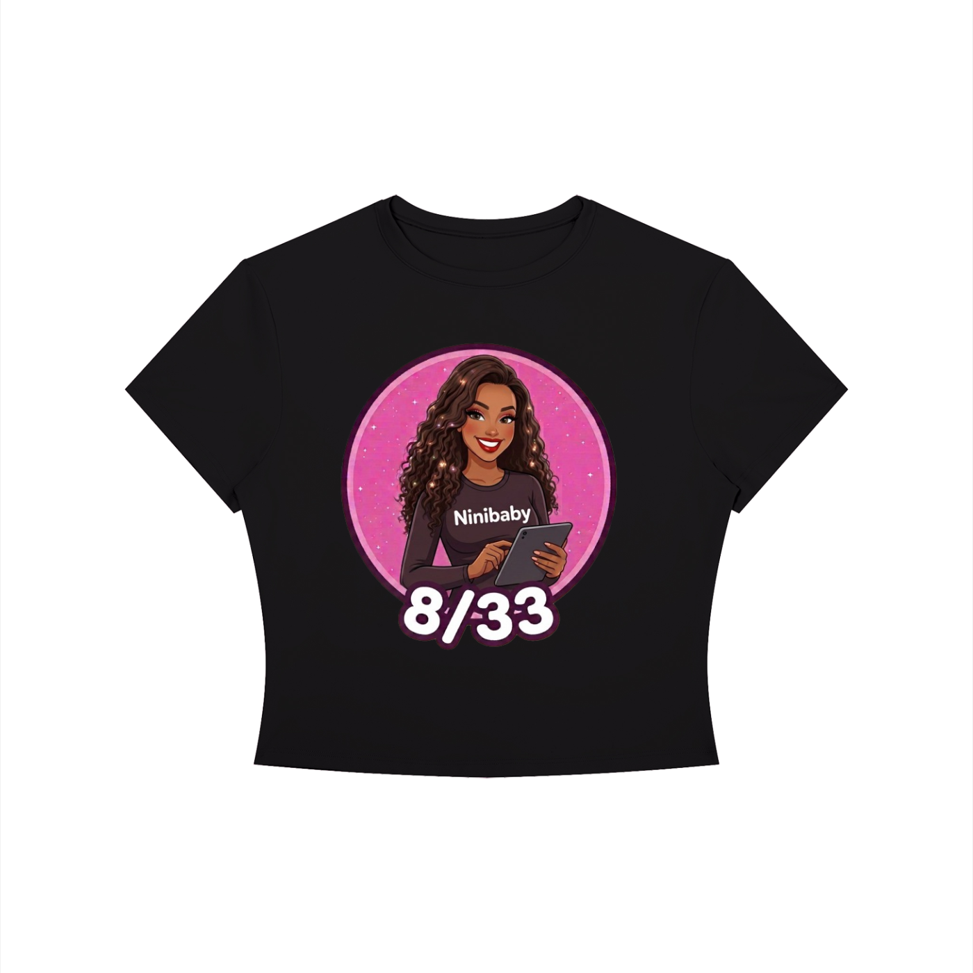 A black short-sleeve crop top t-shirt featuring a circular graphic of a woman with the text 'Ninibaby' and '8/33' printed on the front, displayed against a solid white background.