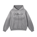 A light gray pullover hoodie with a black printed Bible verse from Matthew 6:34 on the chest, displayed against a solid white background.