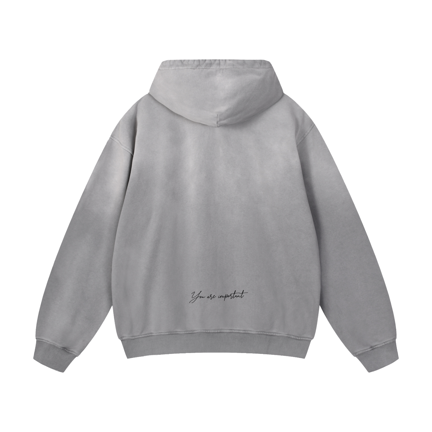 Gray hoodie with green text on the back against a white background