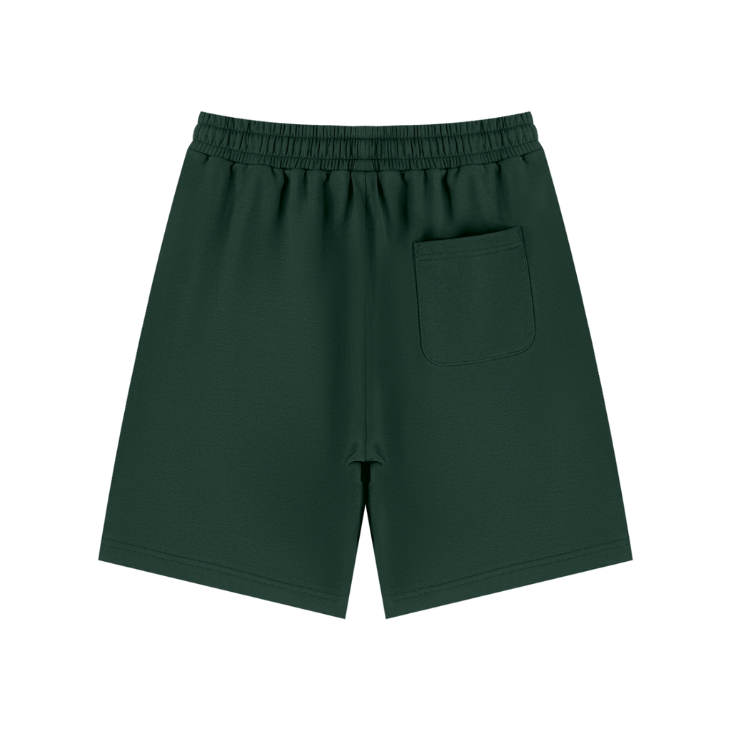 Dark green athletic shorts with an elastic waistband and a side pocket, shown from the back on a white background.