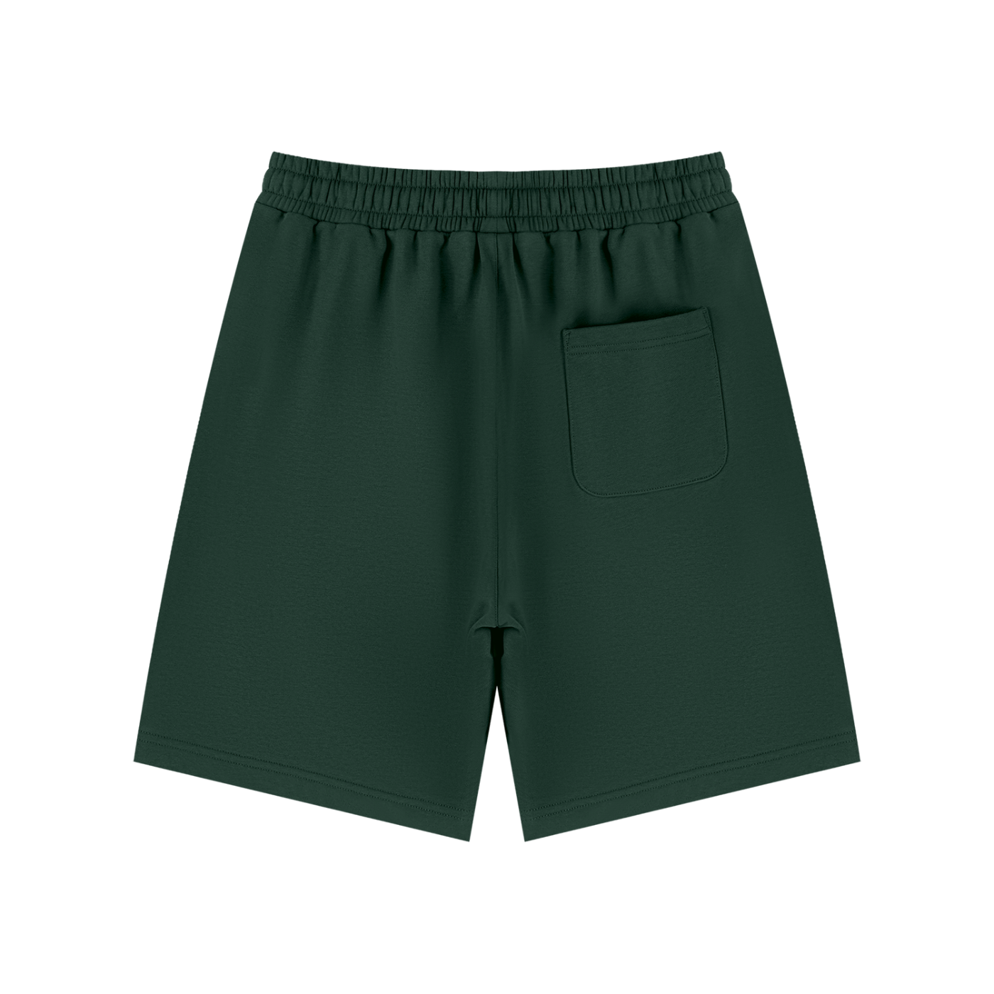 Dark green athletic shorts with an elastic waistband and a side pocket, shown from the back on a white background.