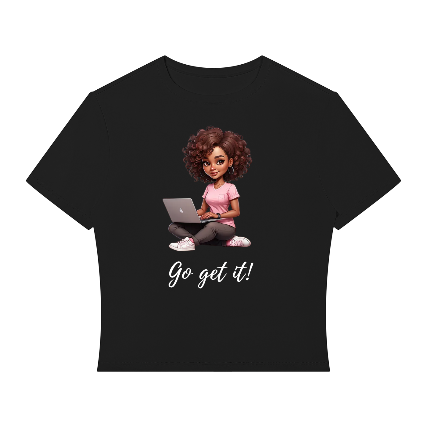 A black short-sleeve crop top t-shirt featuring a cartoon graphic of a girl with curly brown hair sitting cross-legged and using a laptop, with the text 'Go get it!' printed in white below.