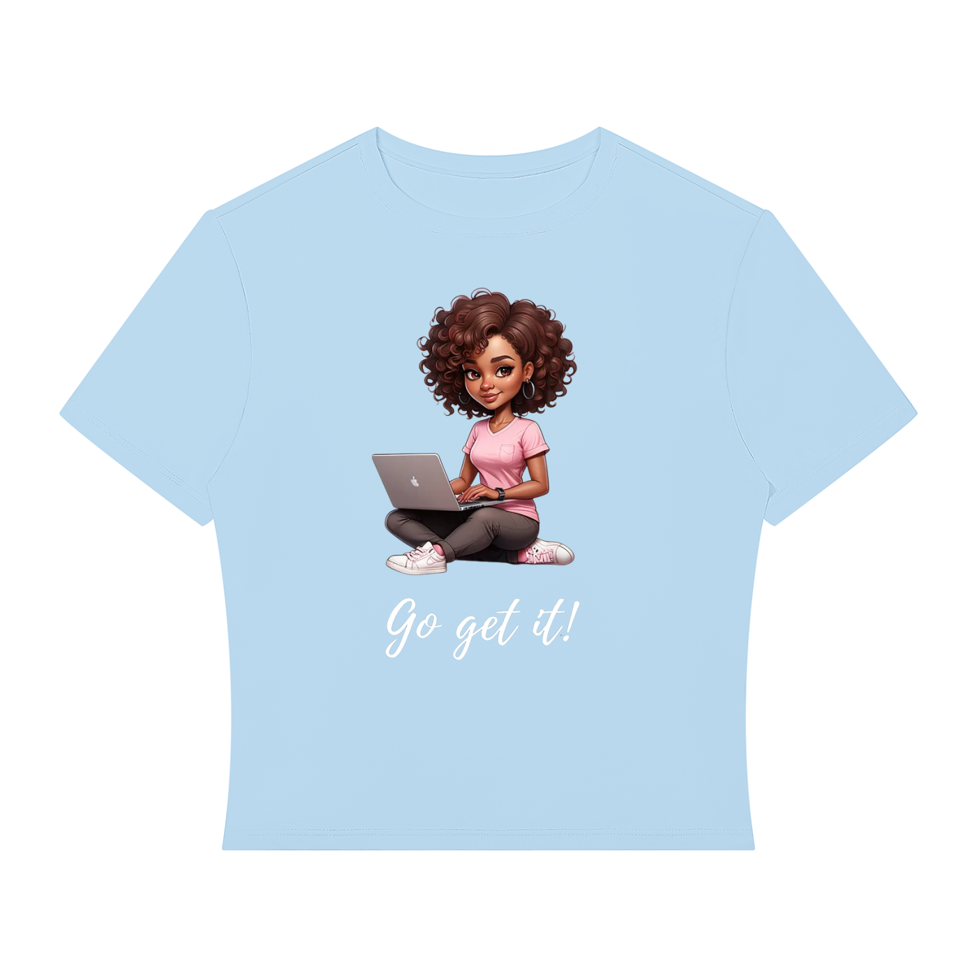 A light blue short-sleeve t-shirt with a cartoon graphic of a woman with curly brown hair sitting cross-legged and using a laptop, with the text 'Go get it!' printed below in white script.