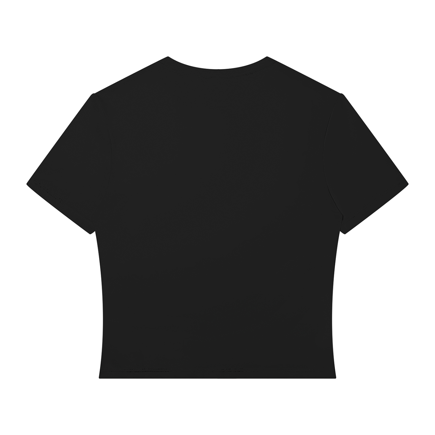 A black short-sleeve crop top t-shirt shown from the back, isolated on a solid white background.