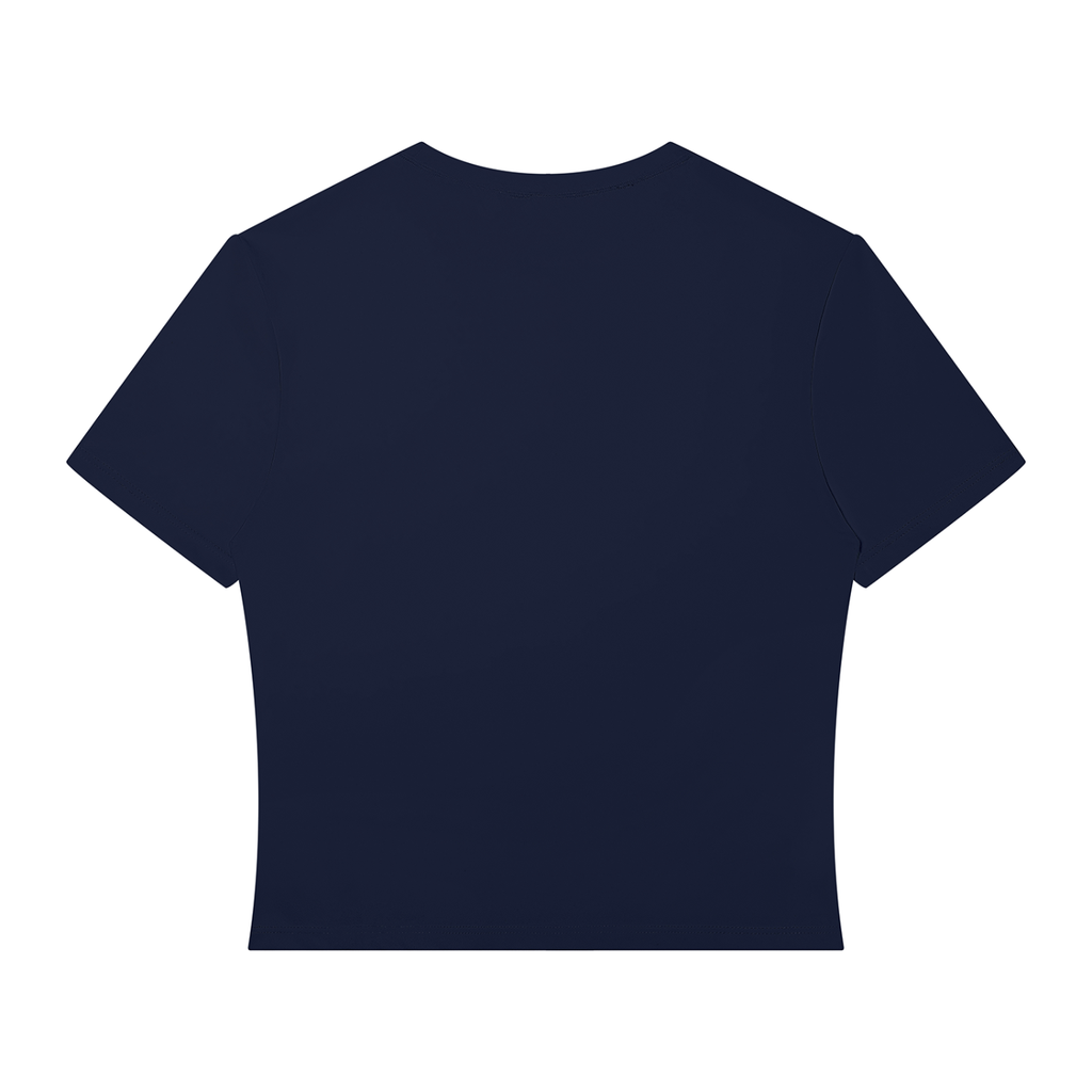 A dark navy blue short-sleeve crop top shown from the back, isolated on a solid white background.
