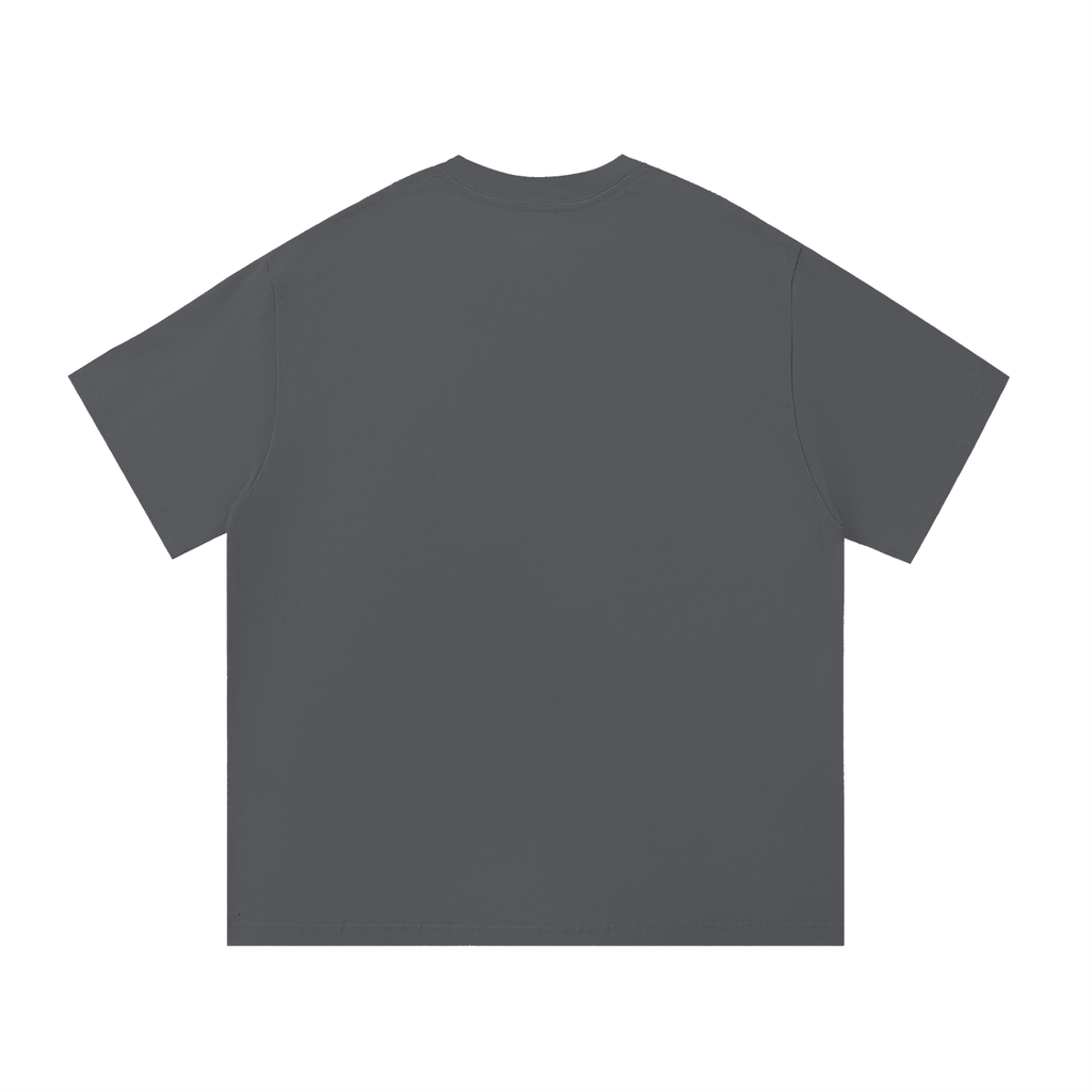 Black t-shirt with a small white logo on a white background