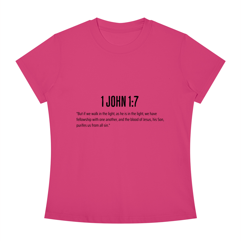 A bright pink short-sleeve crewneck t-shirt with black printed text on the chest reading '1 JOHN 1:7' followed by a Bible verse, shown on a plain white background.