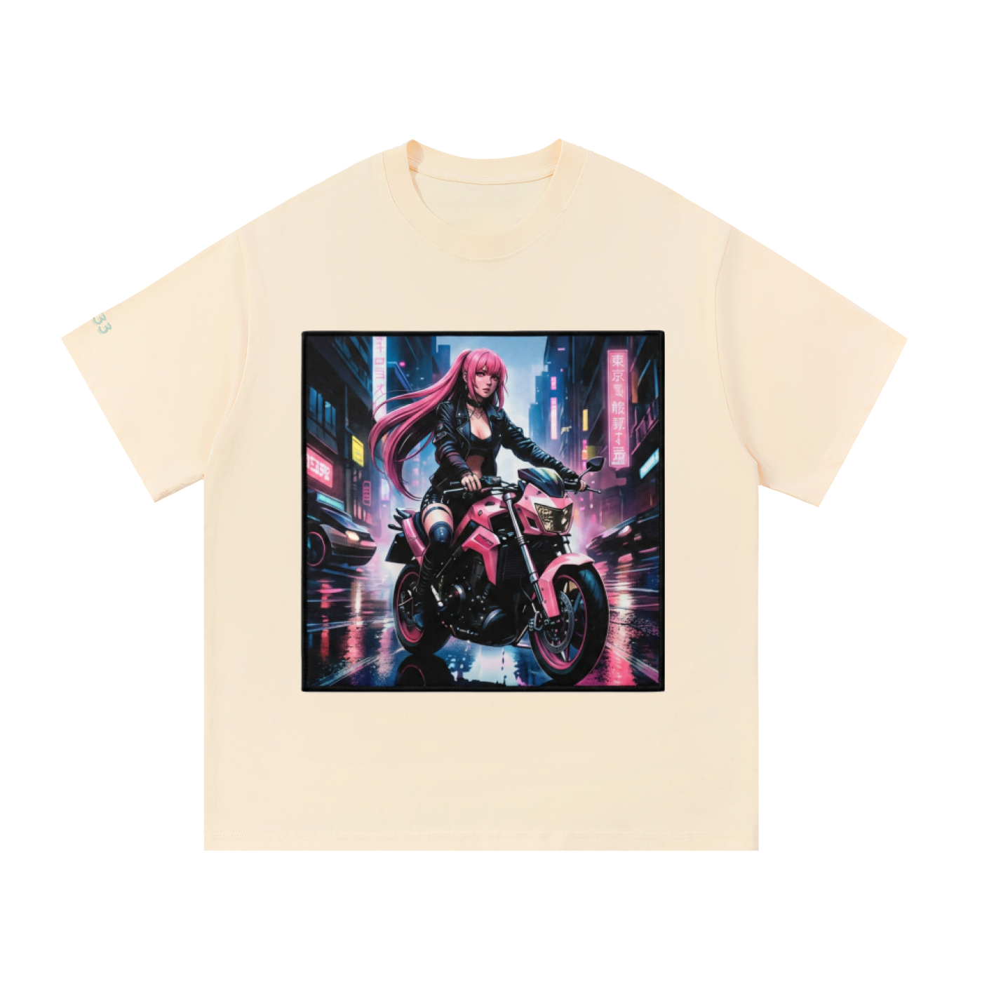 A cream-colored short-sleeve t-shirt with a large square graphic print on the front showing an anime-style illustration of a woman with long pink hair riding a pink motorcycle in a neon-lit city at night.