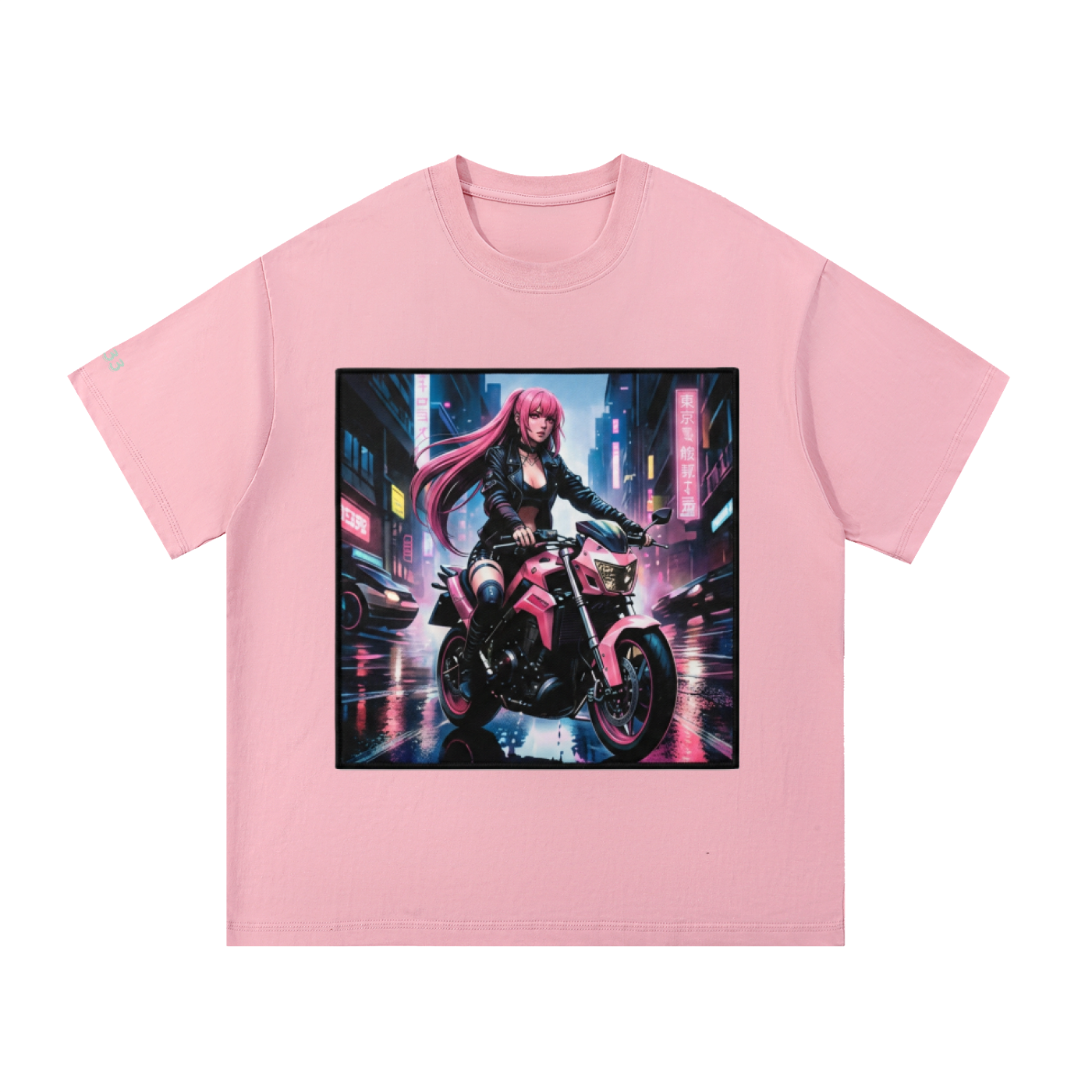 A light pink short-sleeve crewneck t-shirt featuring a square graphic print on the front. The graphic depicts a futuristic cyberpunk scene with a woman with long pink hair riding a pink motorcycle through a neon-lit city street at night.