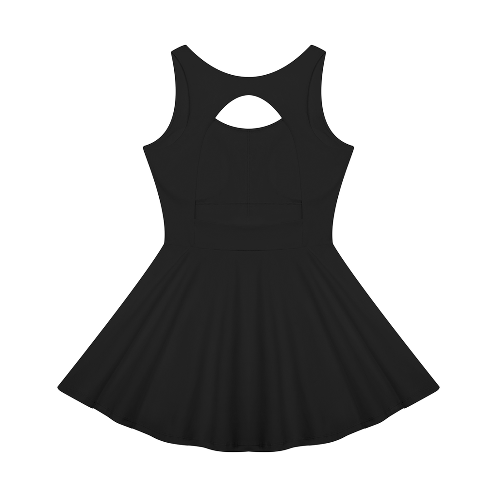A black sleeveless skater dress with a keyhole cutout at the back, displayed against a solid white background.