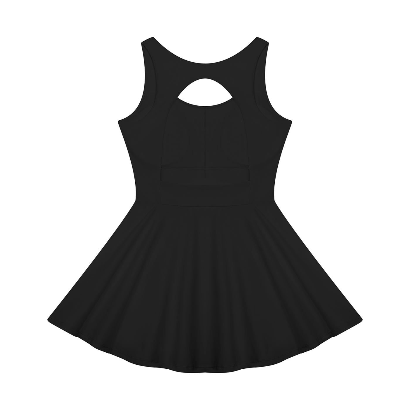A black sleeveless skater dress with a keyhole cutout at the back, displayed against a solid white background.