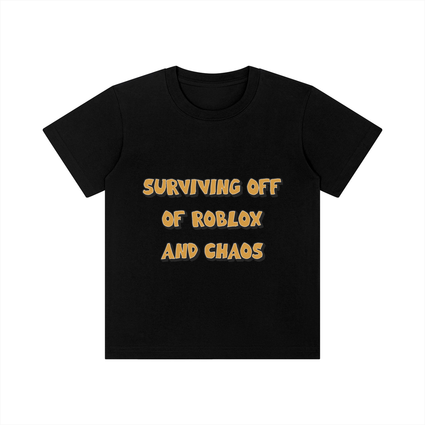 A black short-sleeve t-shirt with the text 'SURVIVING OFF OF ROBLOX AND CHAOS' printed on the chest in a stylized orange and yellow font with a dark outline, displayed on a solid white background.