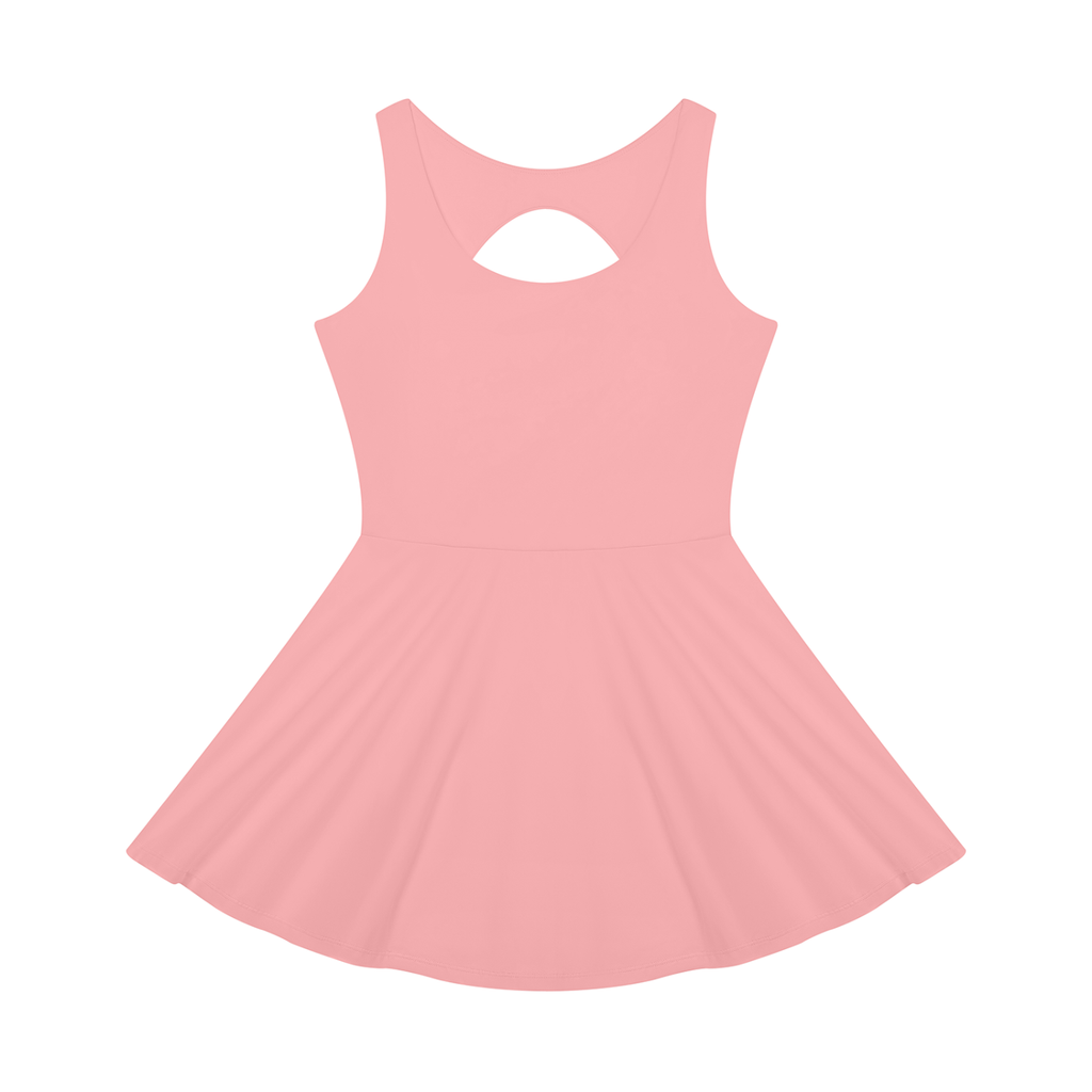 A light pink sleeveless skater dress with a scoop neck and a small keyhole cutout at the back, displayed on a solid white background.