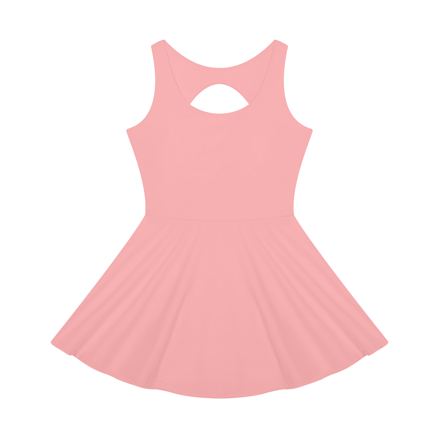 A light pink sleeveless skater dress with a scoop neck and a small keyhole cutout at the back, displayed on a solid white background.