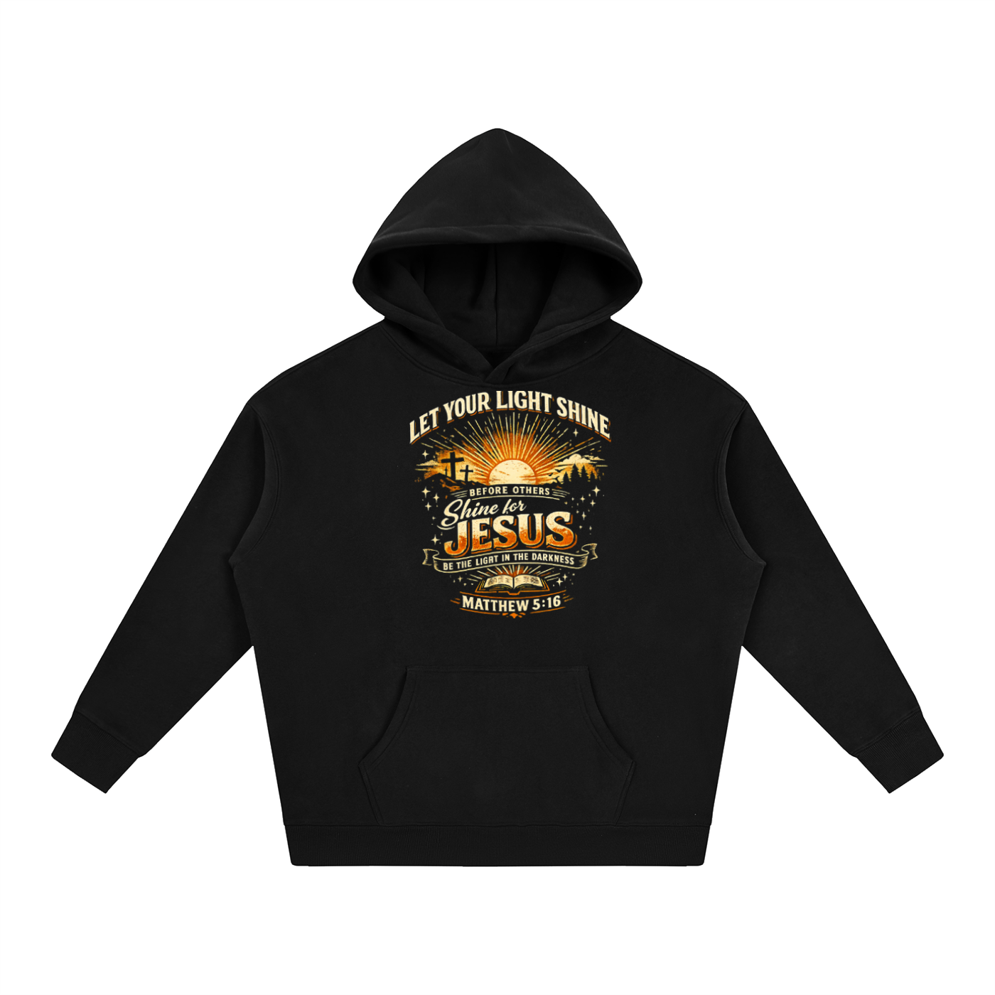 A black pullover hoodie with a front graphic print featuring the text 'LET YOUR LIGHT SHINE' and 'Glow in the DARKS JESUS IS THE LIGHT OF THE WORLD' with a sunrise design, shown on a plain white background.