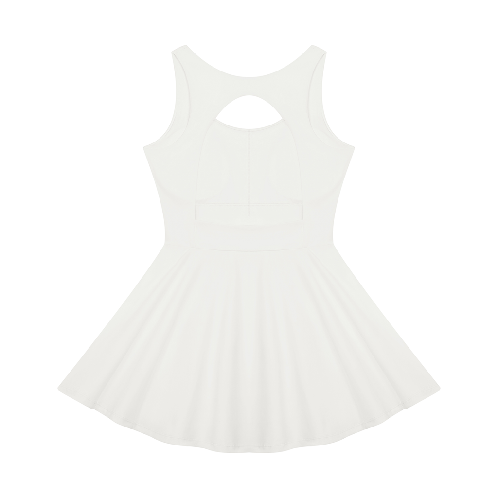 A white sleeveless skater dress with a keyhole cutout at the back of the neck, shown against a plain white background.
