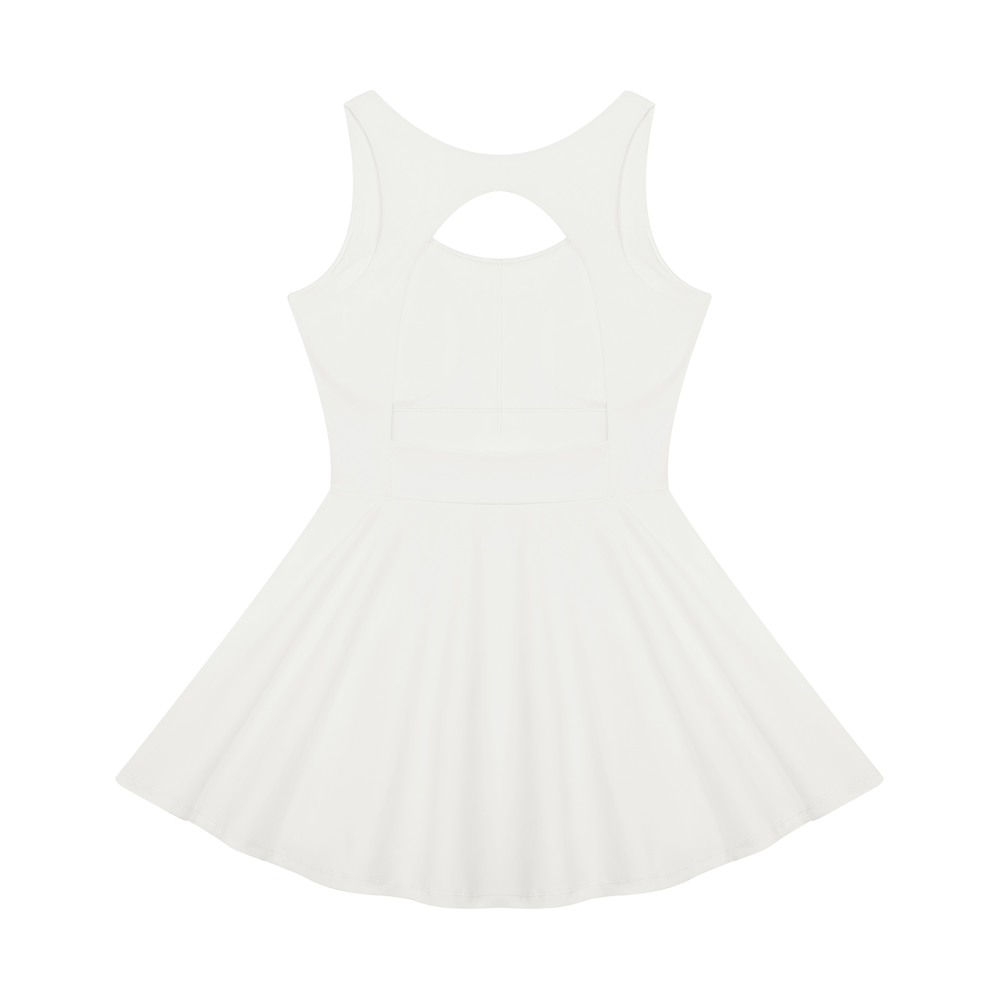 A white sleeveless skater dress with a keyhole cutout at the back of the neck, shown against a plain white background.