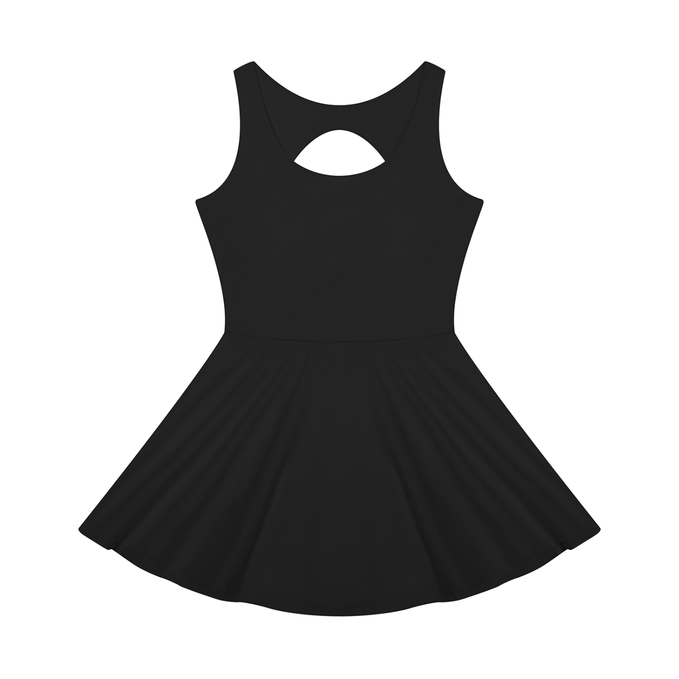 A black sleeveless skater dress with a keyhole cutout at the back of the neck, shown against a plain white background.
