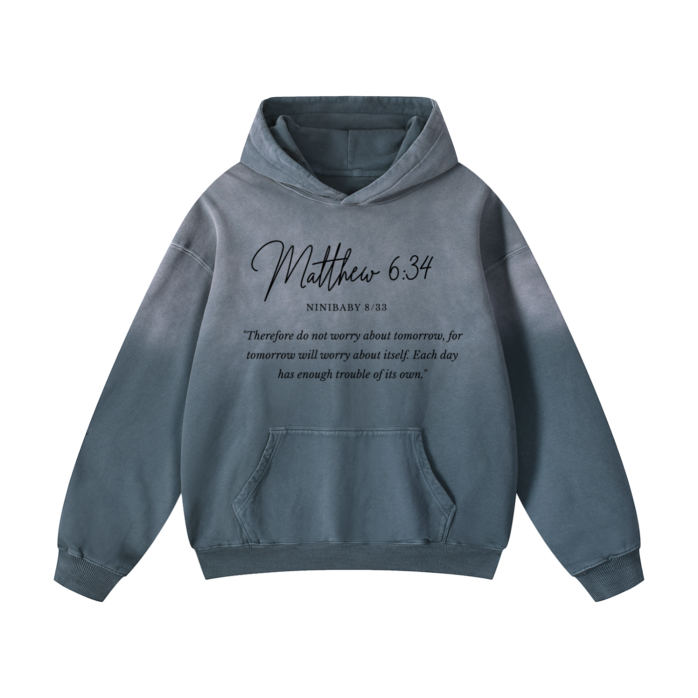 Blue hoodie with 'Into the Light' text and cross design on a white background