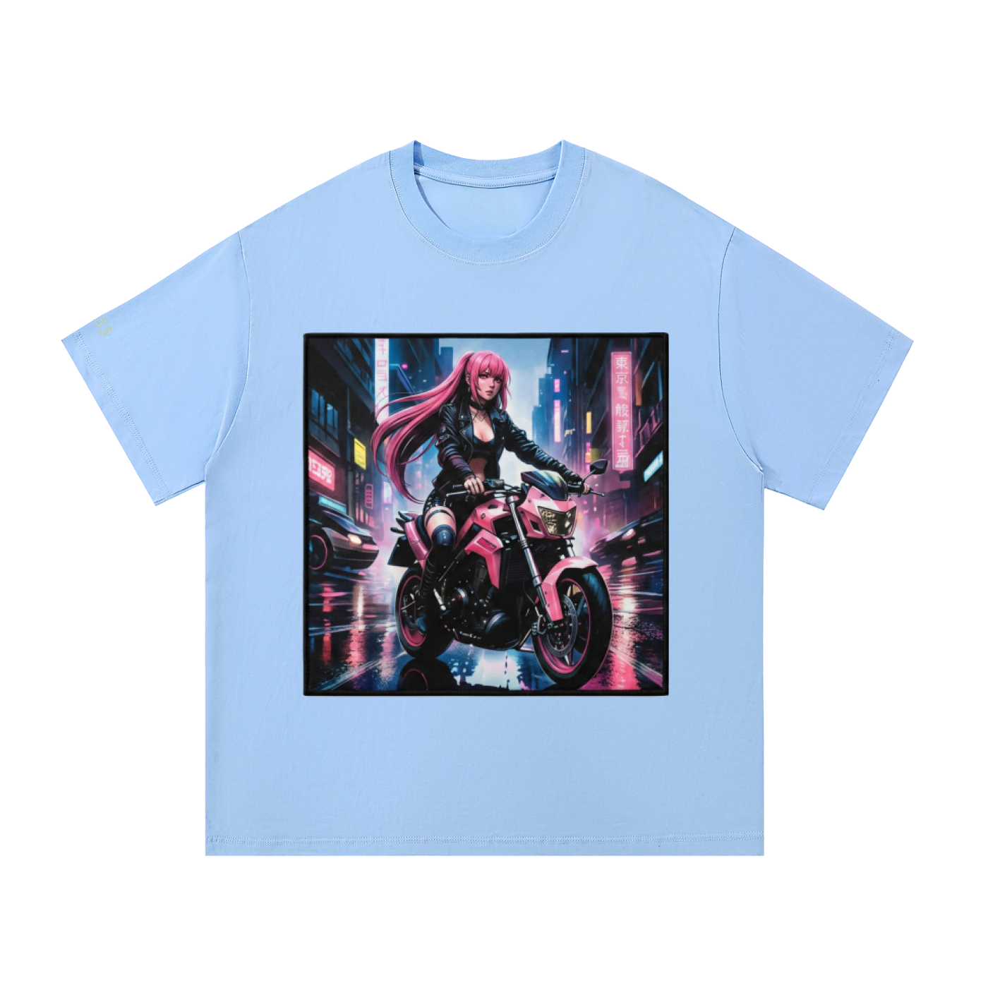 A light blue short-sleeve t-shirt with a large square graphic print on the front, showing an anime-style illustration of a woman with pink hair riding a pink motorcycle in a neon-lit city at night.
