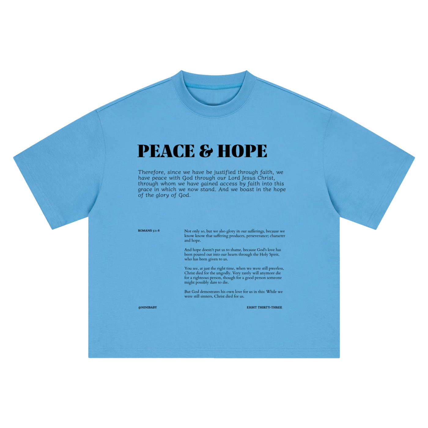 A light blue short-sleeve t-shirt shown flat against a white background, featuring black printed text on the back with the title 'PEACE & HOPE' and a Bible verse from Philippians 4:13.