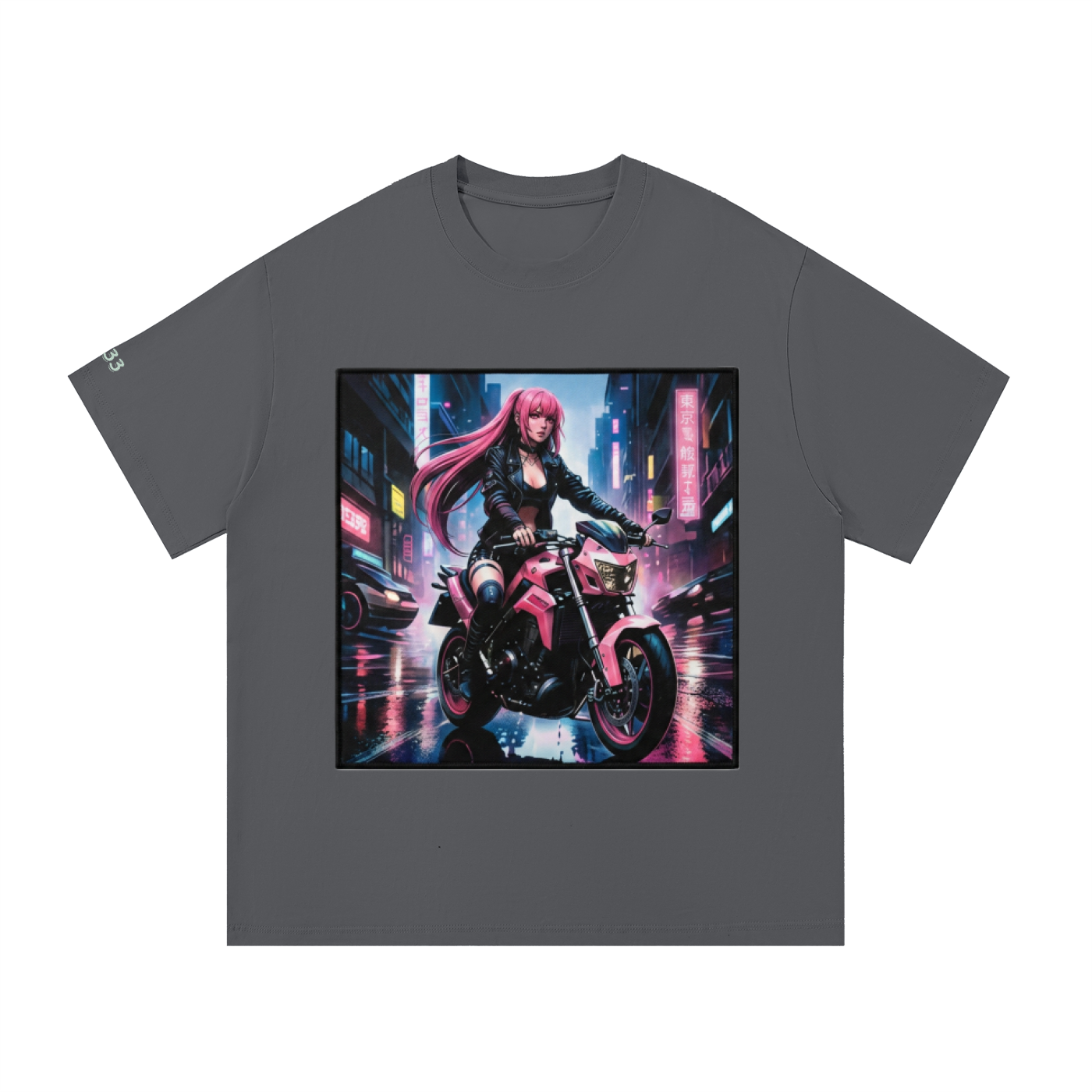 A dark gray short-sleeve t-shirt with a large square graphic print on the front, showing a futuristic cyberpunk scene of a woman with pink hair riding a pink motorcycle in a neon-lit city at night.