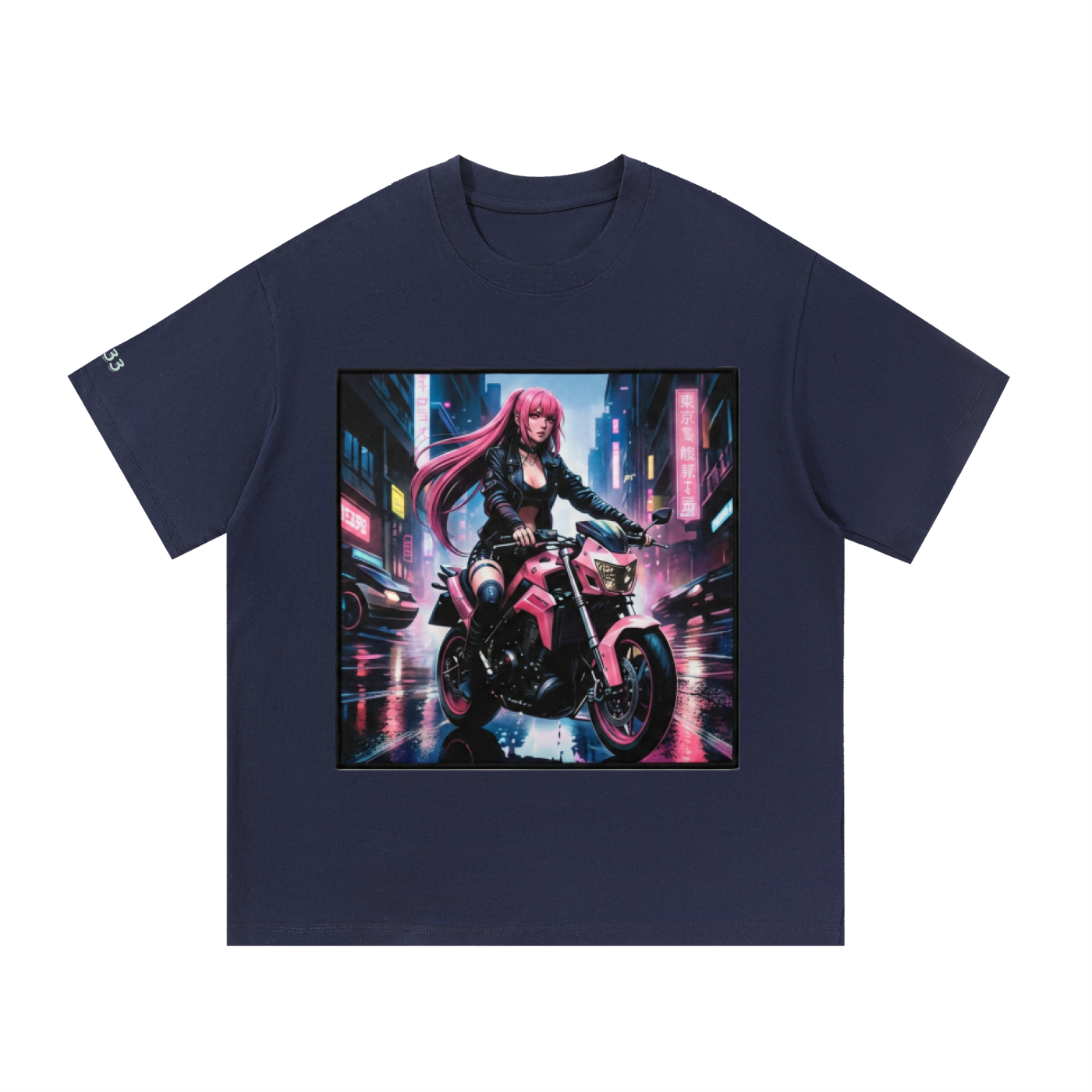 A navy blue short-sleeve t-shirt with a large square graphic print on the front showing a futuristic anime-style woman with pink hair riding a pink motorcycle in a neon-lit city street.