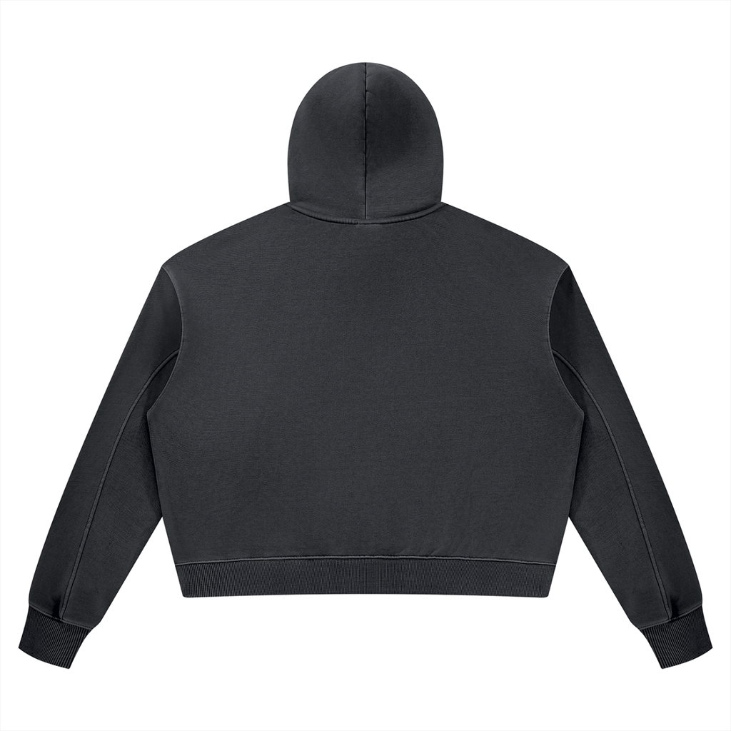 A dark gray cropped hoodie shown from the back, featuring a high ribbed hood, long sleeves with ribbed cuffs, and a ribbed hem, displayed on a solid white background.