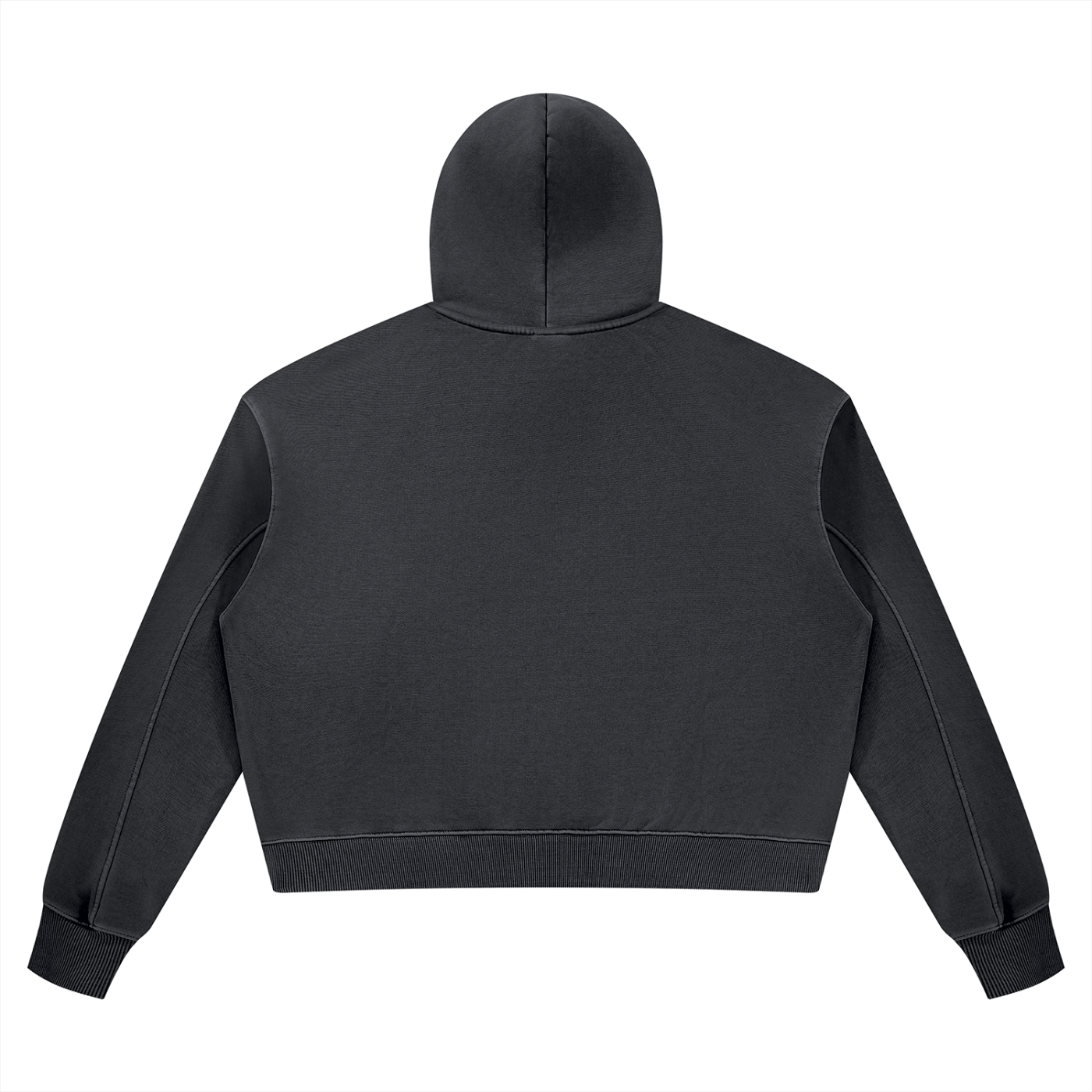 A dark gray cropped hoodie shown from the back, featuring a high ribbed hood, long sleeves with ribbed cuffs, and a ribbed hem, displayed on a solid white background.