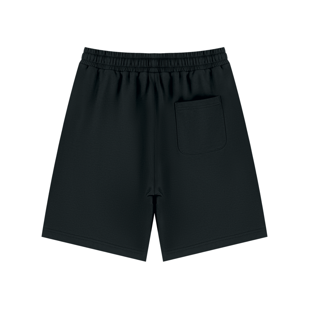 Black athletic shorts with an elastic waistband and a side pocket, shown from the back on a white background.