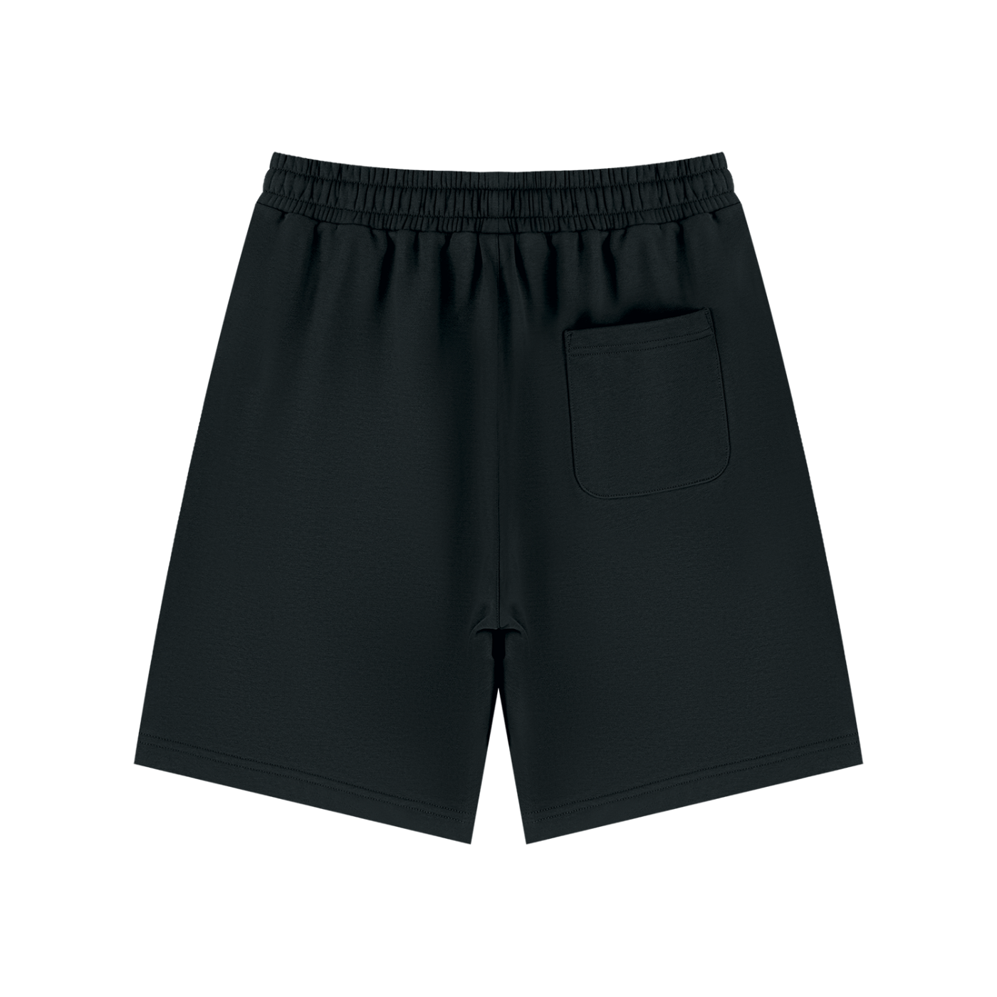 Black athletic shorts with an elastic waistband and a side pocket, shown from the back on a white background.