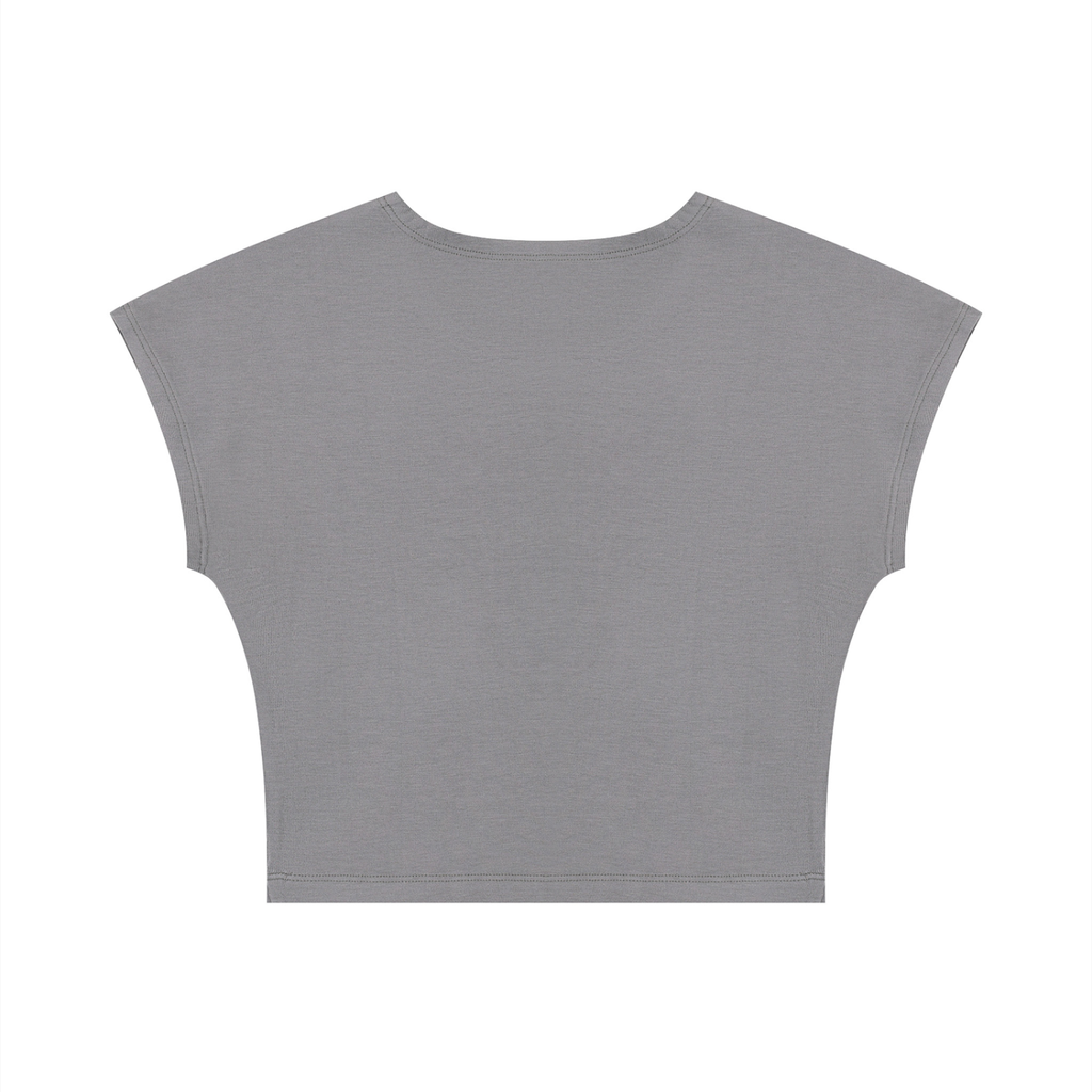 A gray short-sleeve crop top with a wide crew neck, displayed flat against a solid white background.