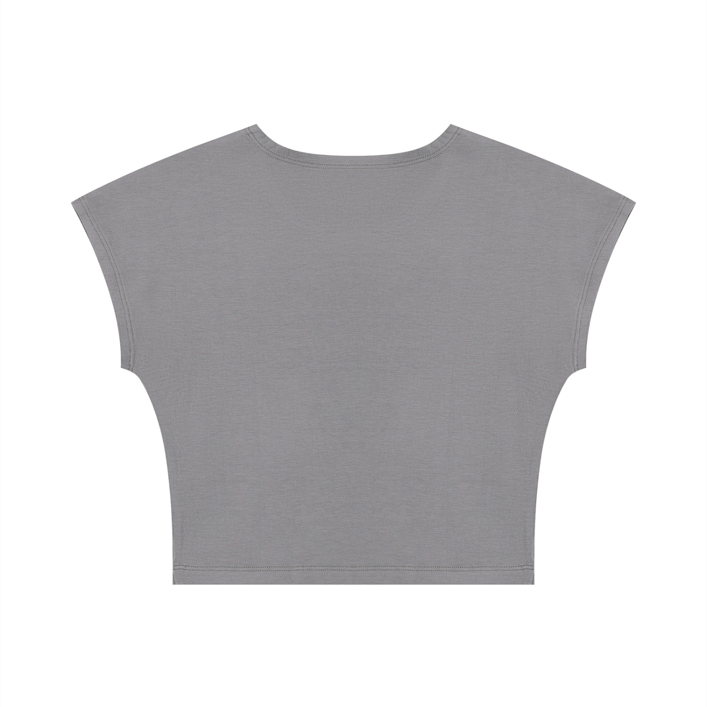 A gray short-sleeve crop top with a wide crew neck, displayed flat against a solid white background.