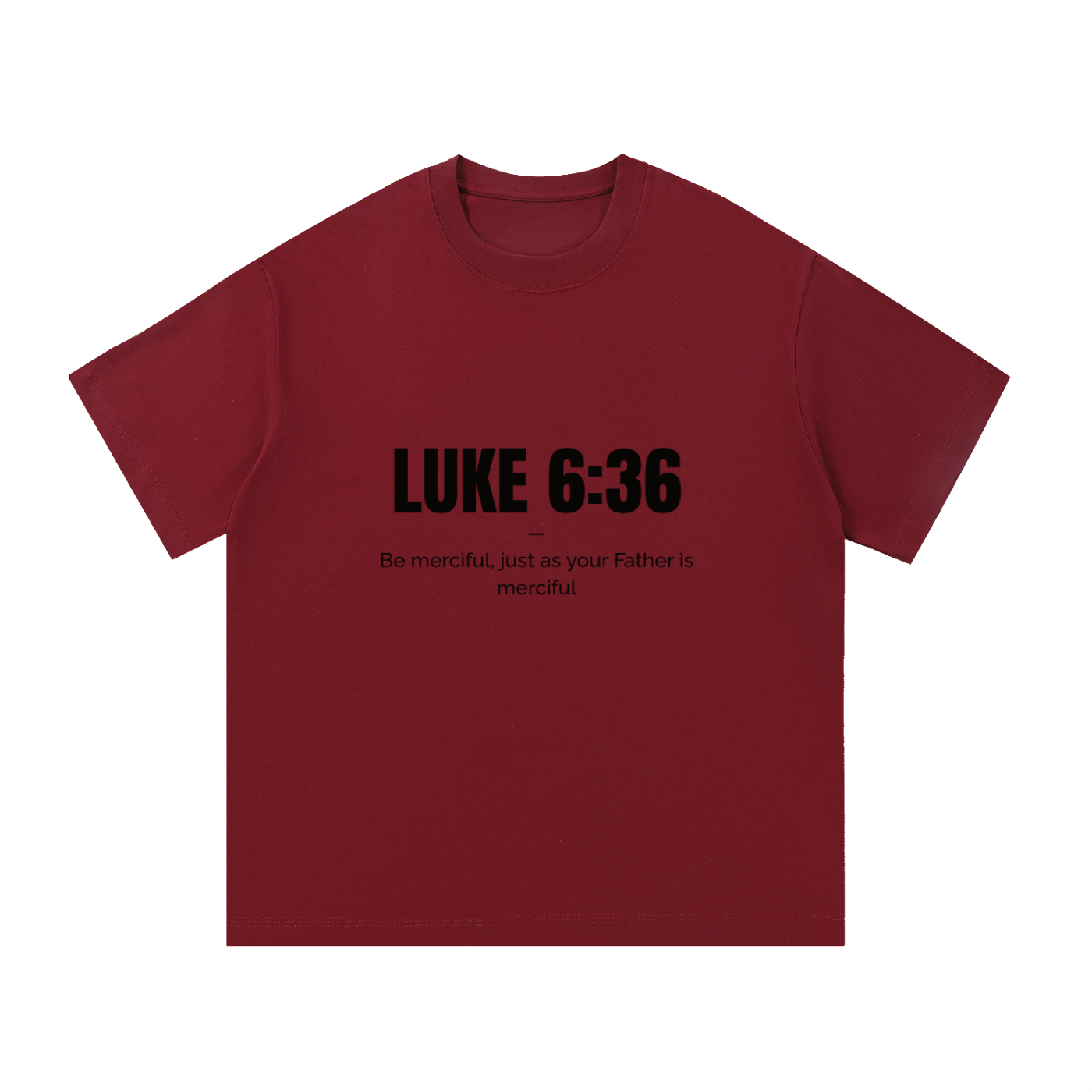 Red t-shirt with black text on a white background
