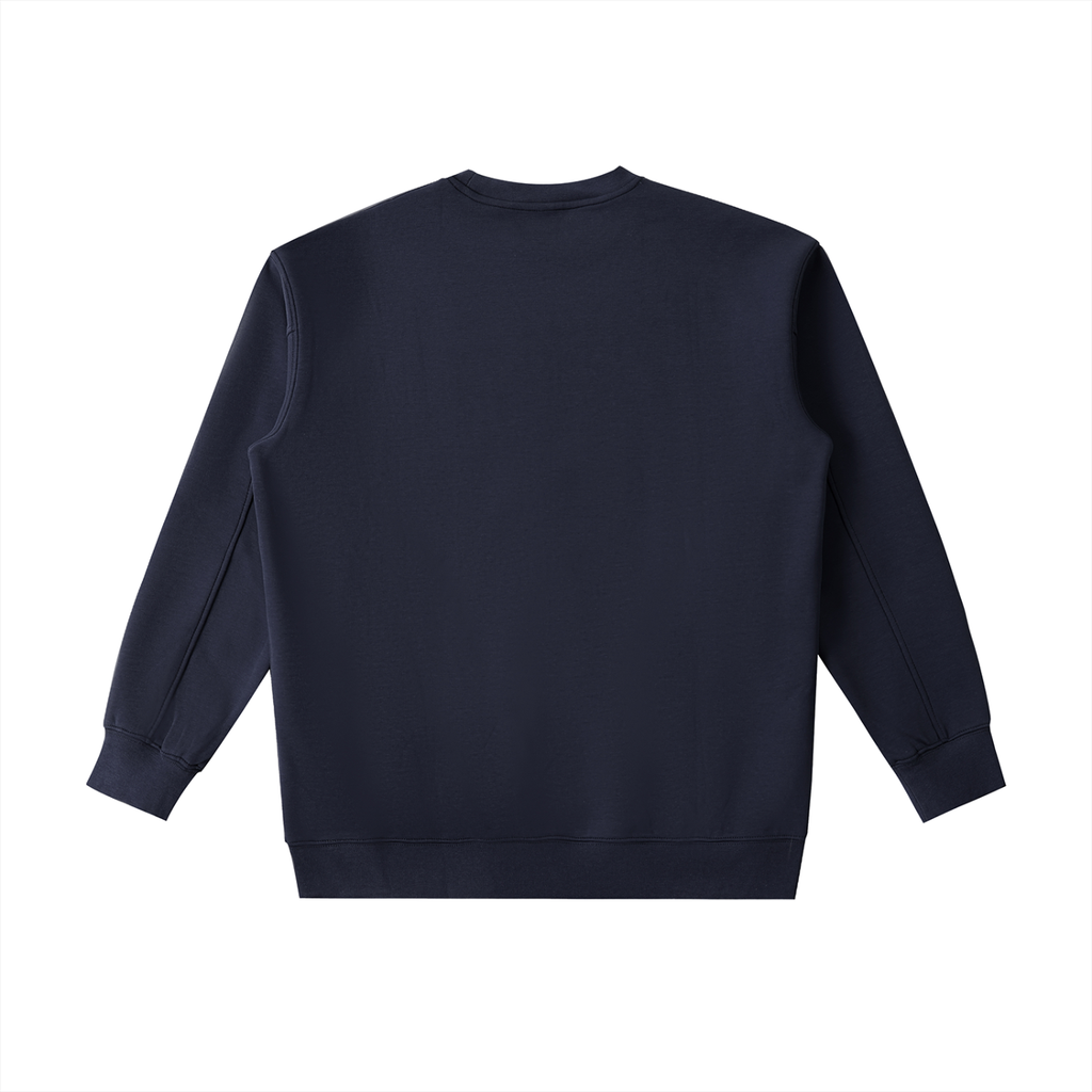 Navy blue sweatshirt with a logo on the back against a white background