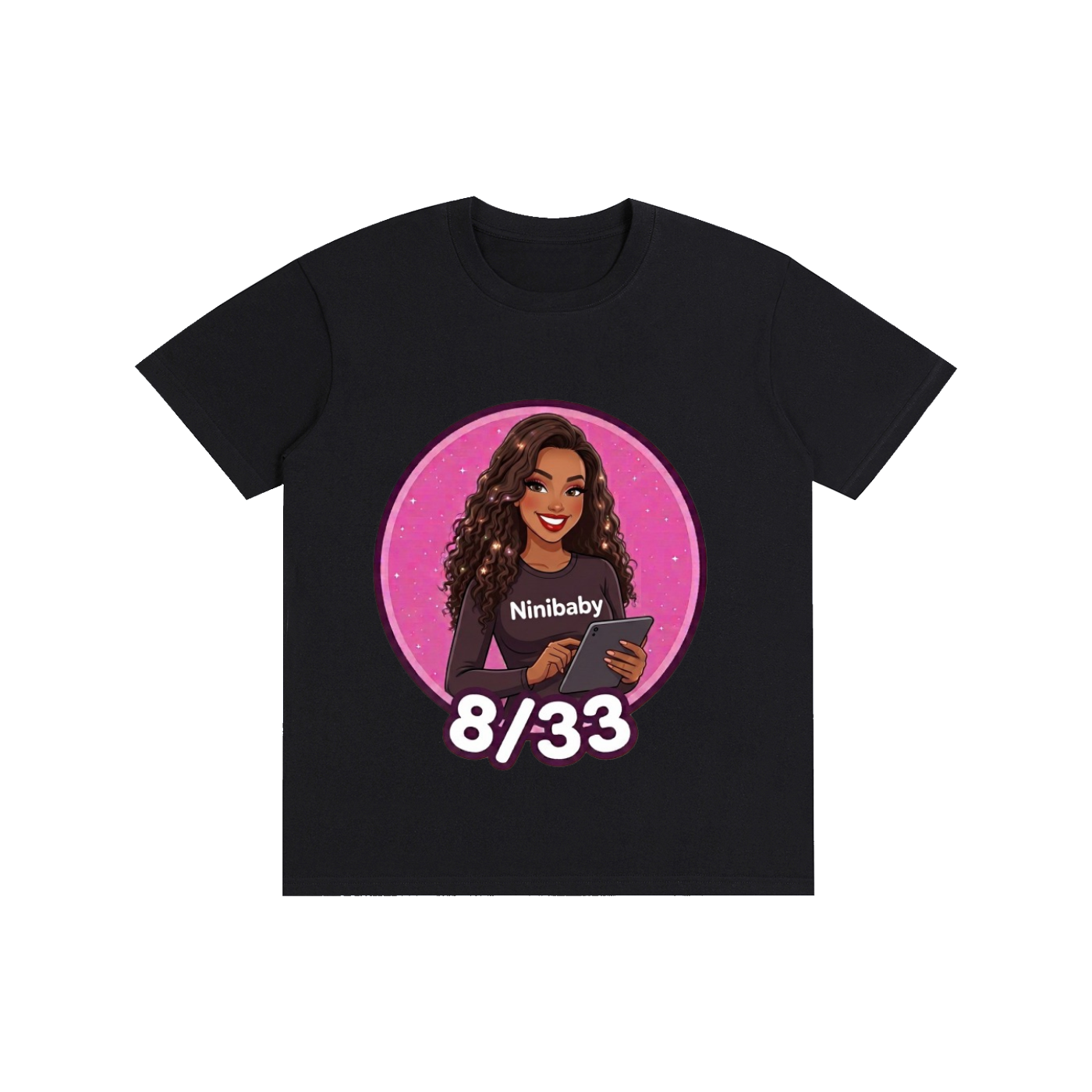 A black short-sleeve crewneck t-shirt featuring a circular graphic print of a cartoon woman with the text 'Ninibaby' and '8/33' on a white background.