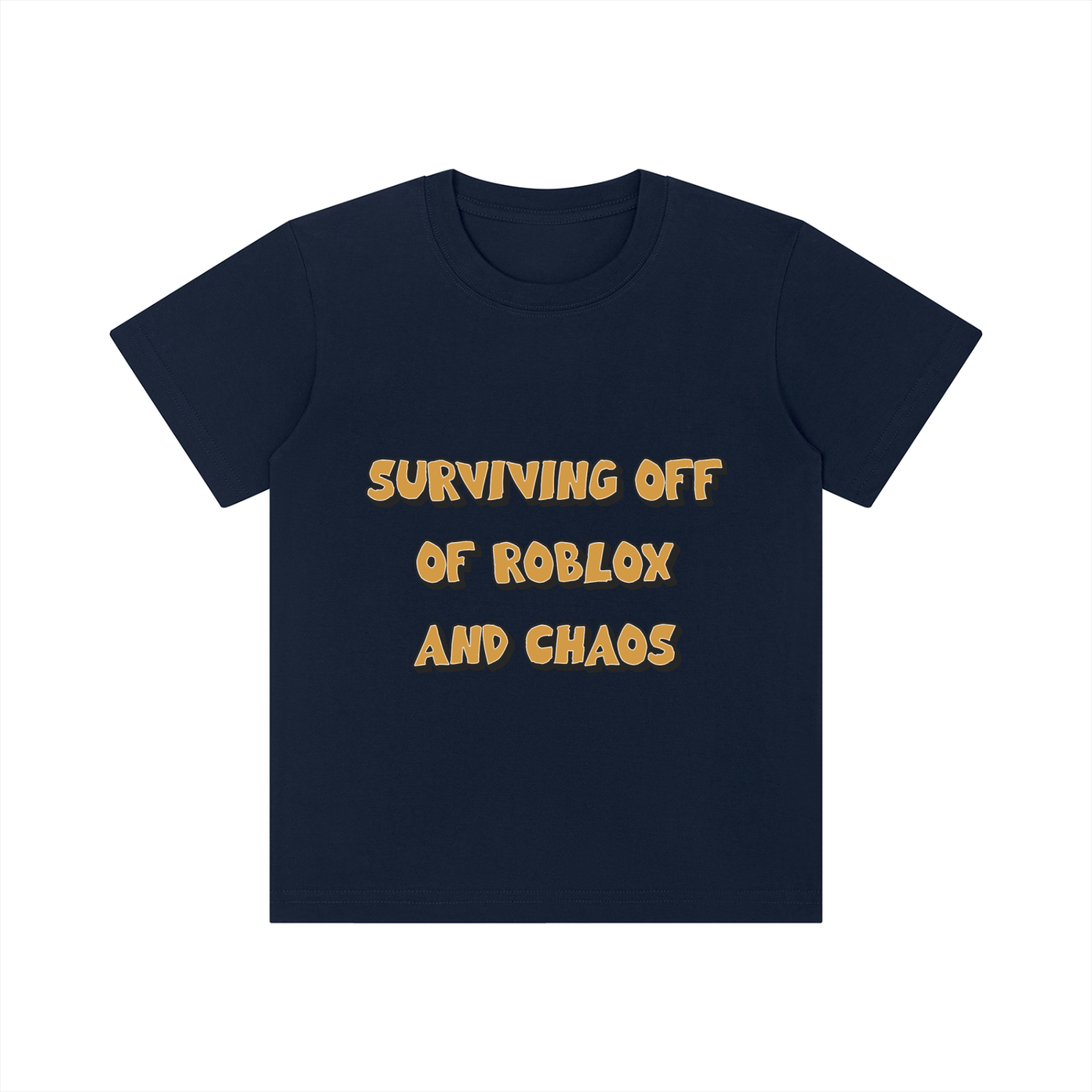 A black short-sleeve t-shirt with the text 'SURVIVING OFF OF ROBLOX AND CHAOS' printed on the chest in a stylized orange and yellow font with a dark outline, displayed on a solid white background.