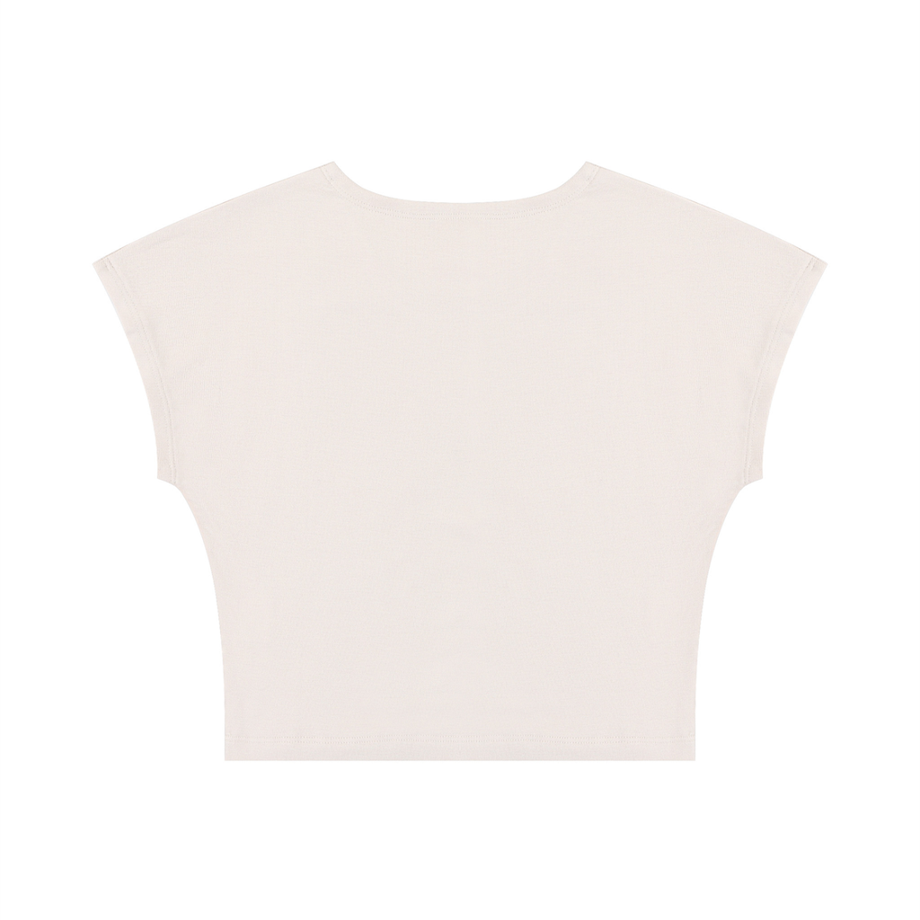 A light cream or off-white short-sleeve crop top shown flat against a solid white background.