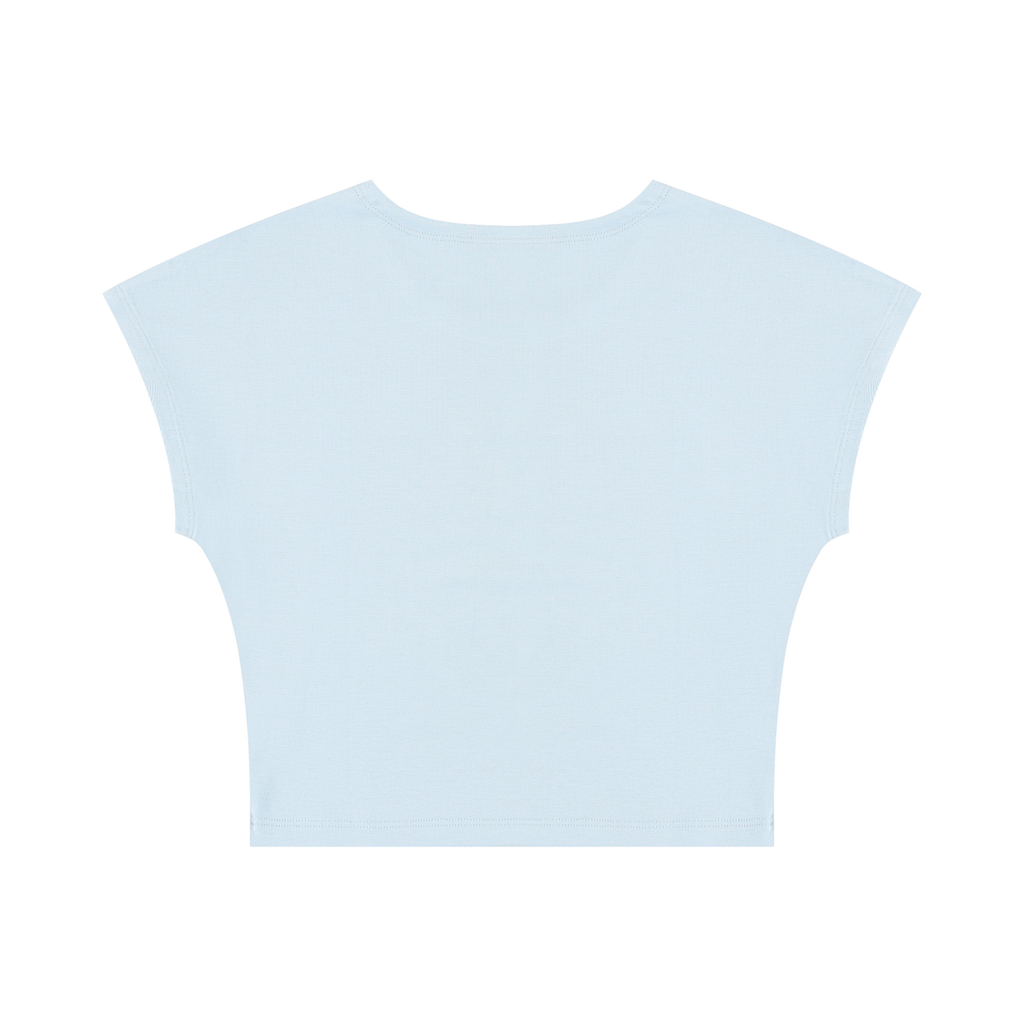 A light blue short-sleeve crop top shown from the back, laid flat against a solid white background.