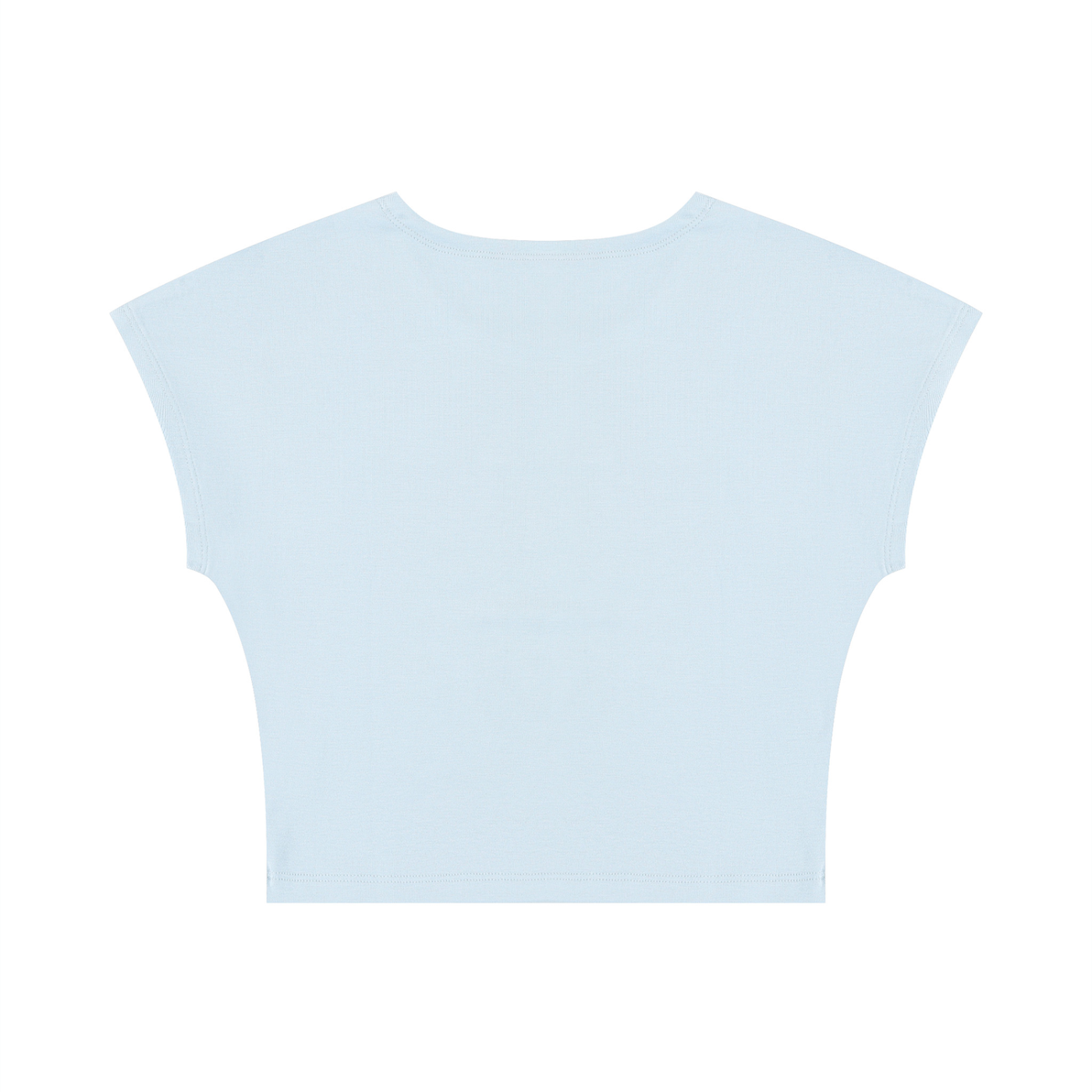 A light blue short-sleeve crop top shown from the back, laid flat against a solid white background.