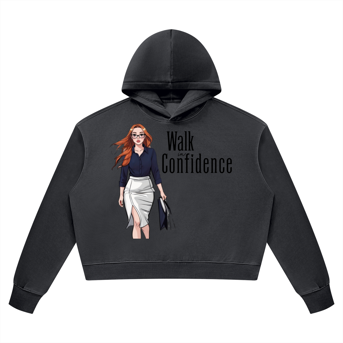 A dark gray cropped hoodie with a graphic print of a woman with red hair and the text 'Walk with Confidence' on the front, displayed against a solid white background.