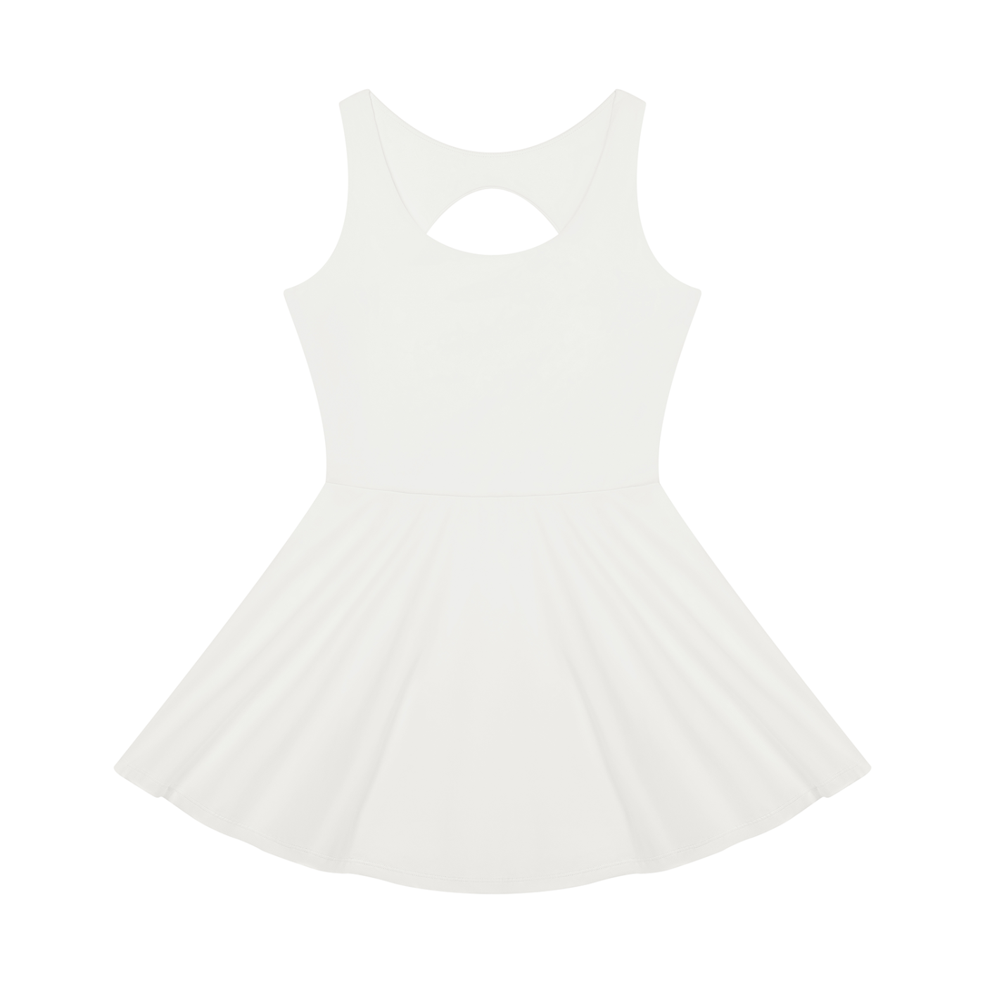 A white sleeveless skater dress with a scoop neck and a small keyhole cutout at the back, displayed against a solid white background.