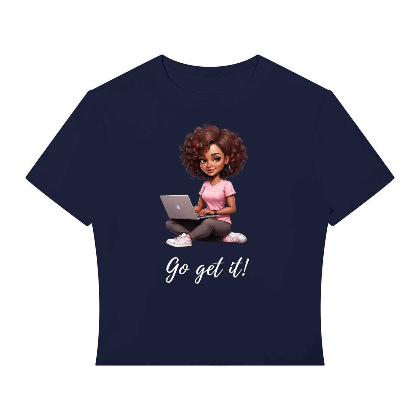 A navy blue short-sleeve crop top t-shirt featuring a cartoon graphic of a girl with curly brown hair sitting cross-legged and using a laptop, with the text 'Go get it!' printed in white script below.