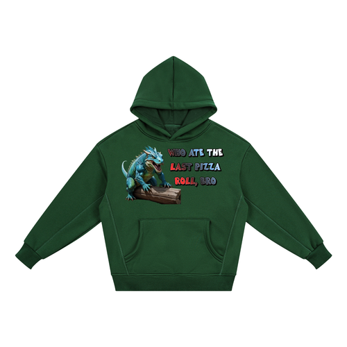A dark green pullover hoodie with a graphic of a blue dragon on a log and the text 'WHO ATE THE LAST PIZZA ROLL, BRO' printed on the chest, displayed on a solid white background.