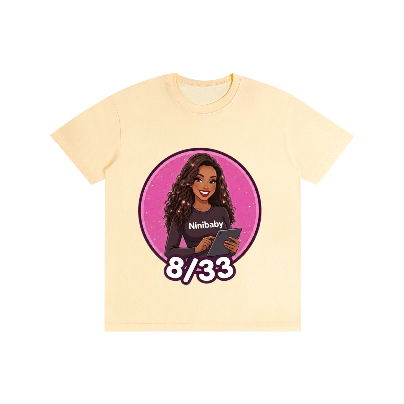 A pale yellow short-sleeve t-shirt with a circular graphic print on the front. The graphic features a cartoon illustration of a woman with long dark curly hair holding a tablet, set against a pink circular background, with the text 'Ninibaby' and '8/33' below.
