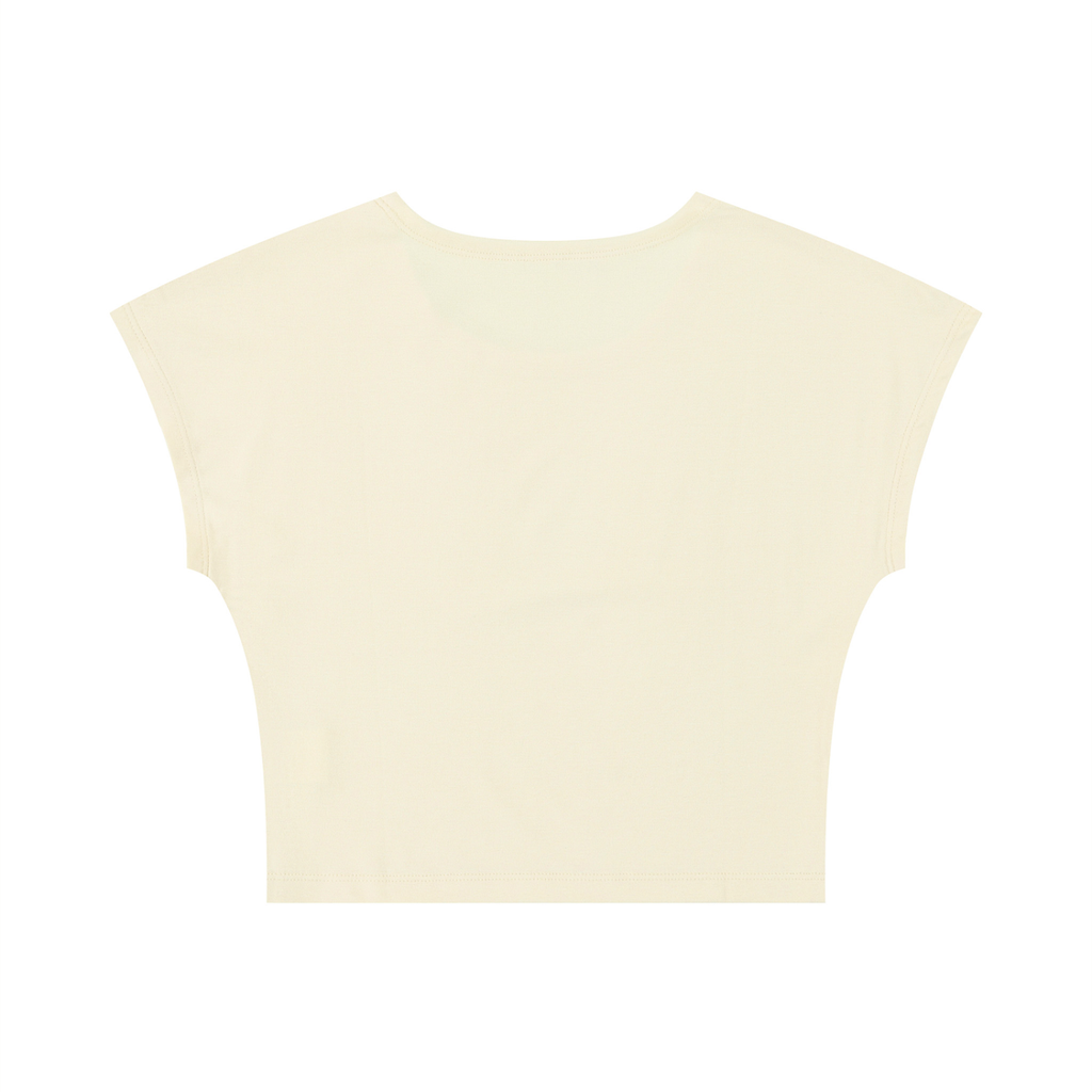 A cream-colored short-sleeve crop top with a wide scoop neck, shown flat against a solid white background.