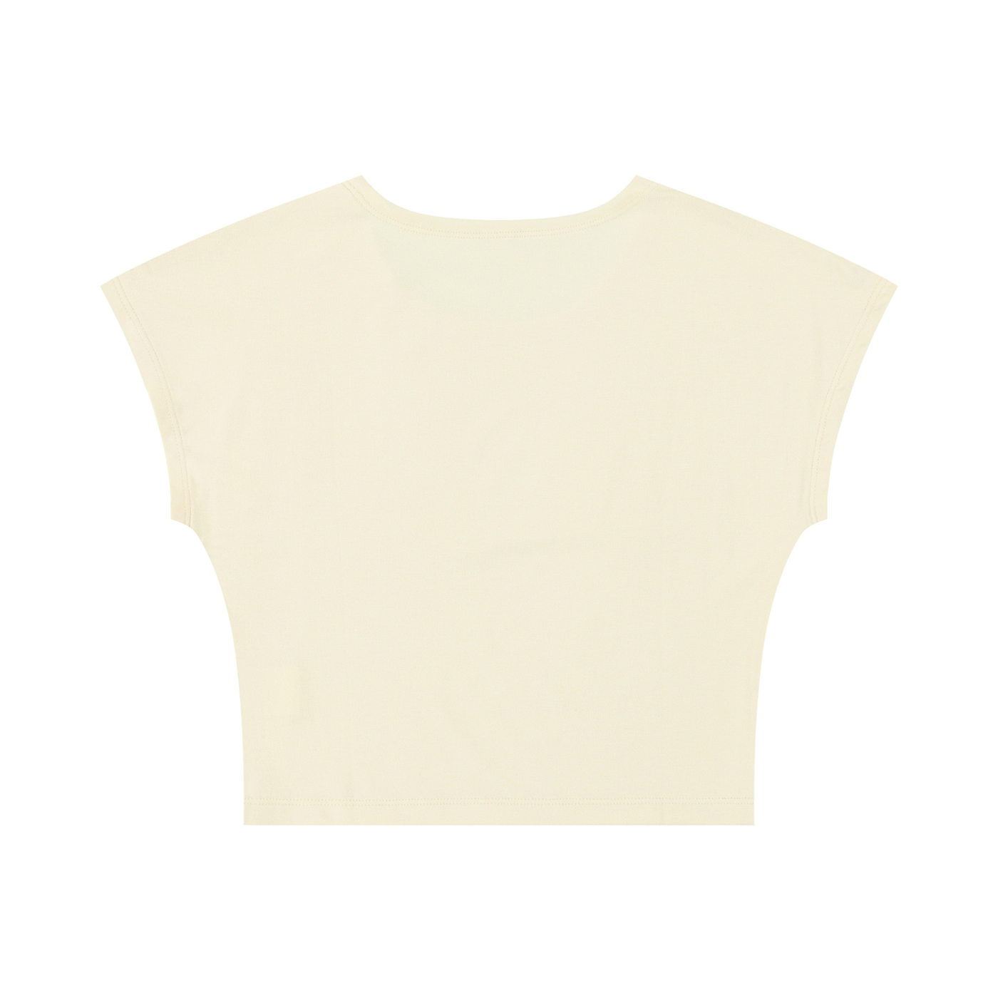 A cream-colored short-sleeve crop top with a wide scoop neck, shown flat against a solid white background.