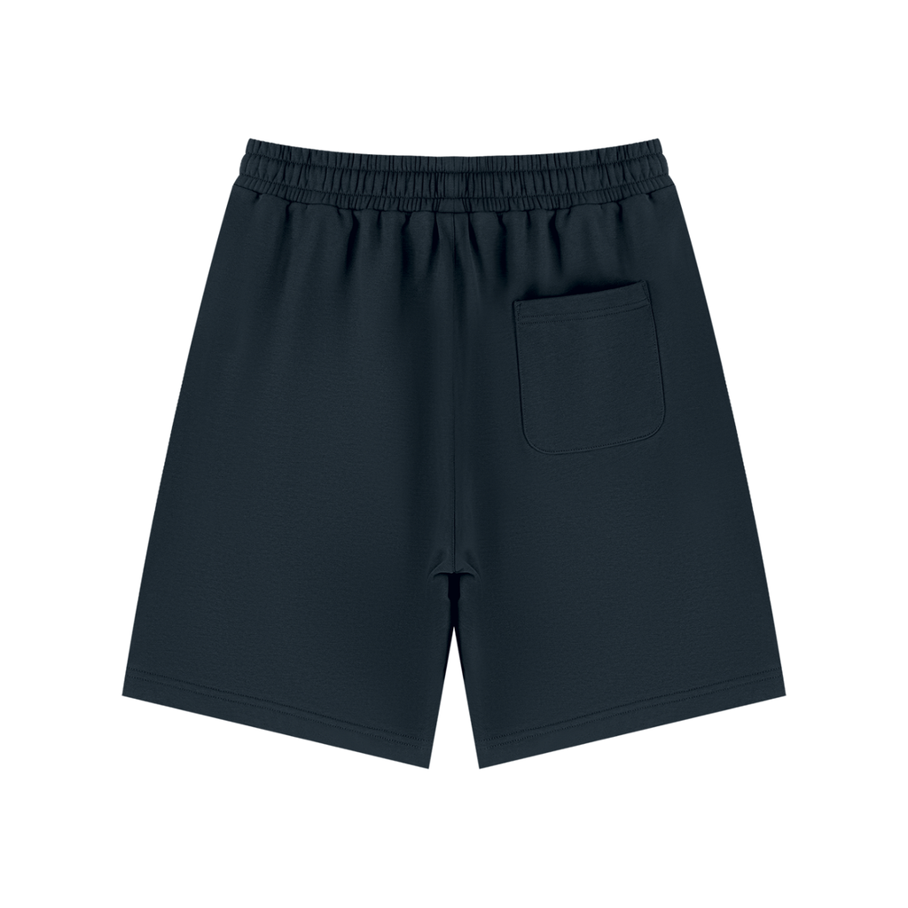 Dark navy blue athletic shorts with an elastic waistband and a side pocket, shown from the back on a white background.