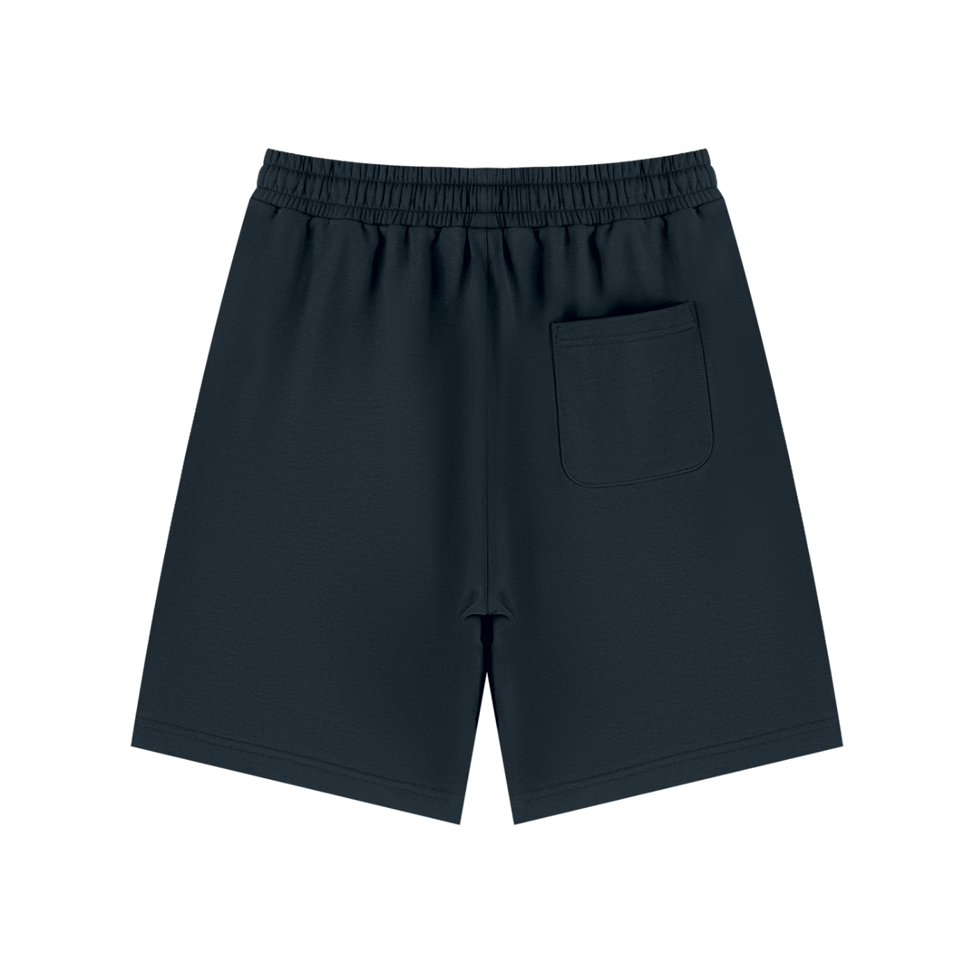 Dark navy blue athletic shorts with an elastic waistband and a side pocket, shown from the back on a white background.