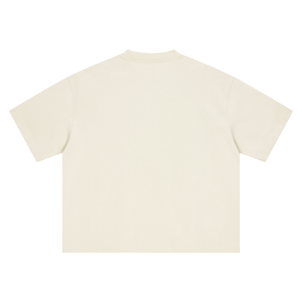 A plain cream-colored short-sleeve t-shirt shown from the back, laid flat against a solid white background.